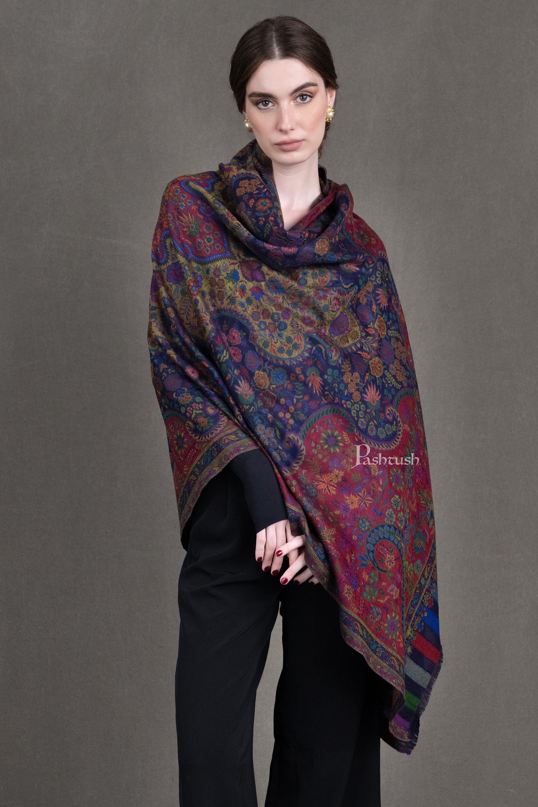 Pashtush Womens 100% Pure Wool With Woolmark Certificate Shawl, Antique Paisley Woven Design, Multicoloured - Image 6