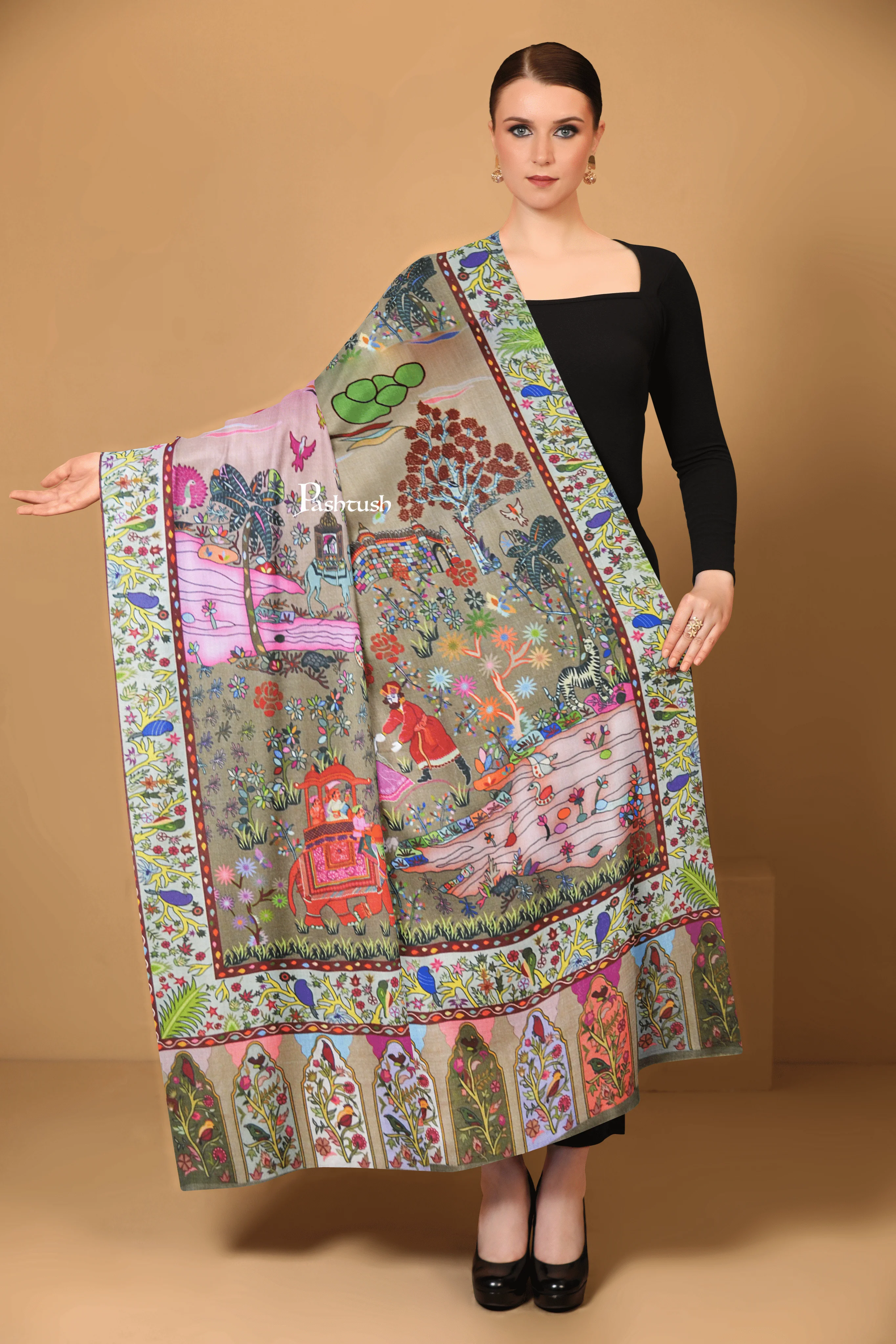 Pashtush Womens 100% Pure Wool With Woolmark Certificate Shawl, Design, Multicolour