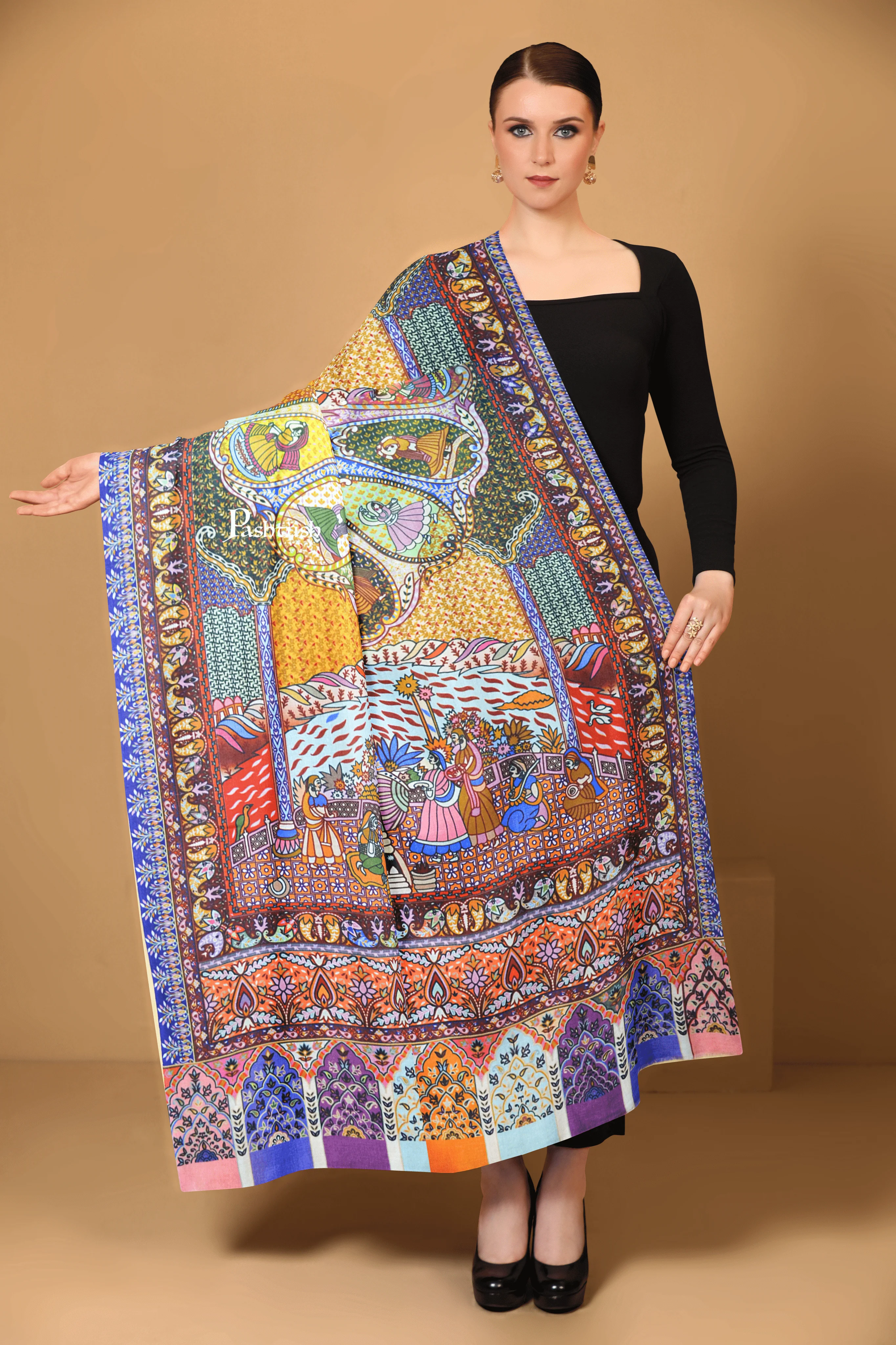 Pashtush Womens 100% Pure Wool With Woolmark Certificate Shawl, Design, Multicolour