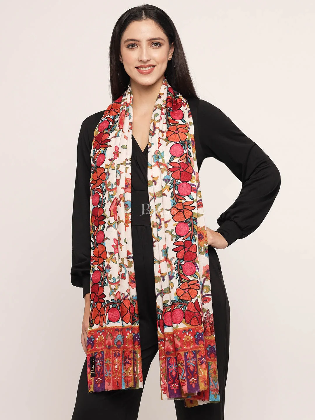 Pashtush womens 100% Pure Wool with Woolmark Certificate shawl, ethnic nalki embroidery design, Multicolour - Image 3
