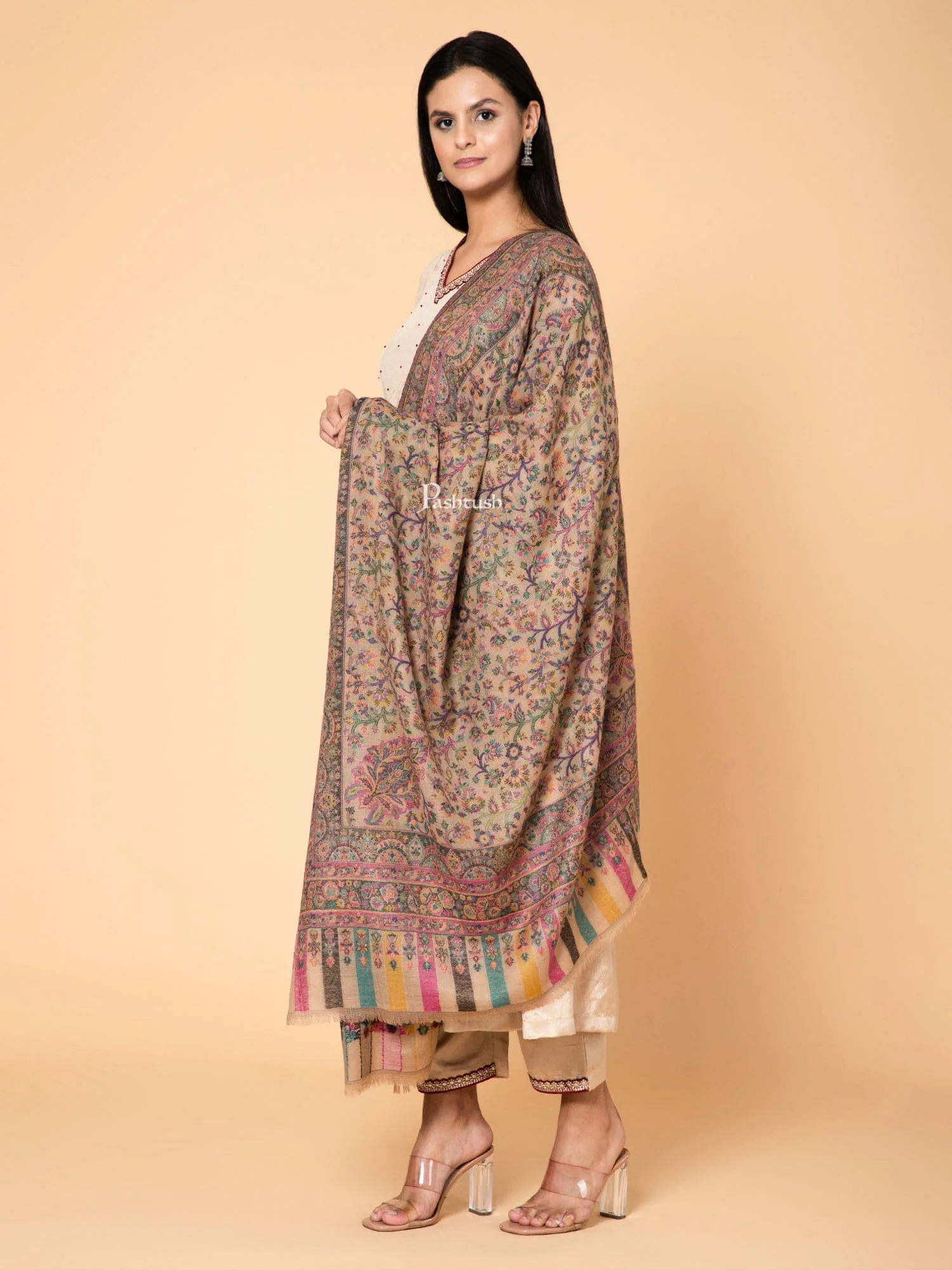 Pashtush Womens 100% Pure Wool With Woolmark Certificate Shawl, Ethnic Paisley Weave ,Soft And Warm Design, Beige