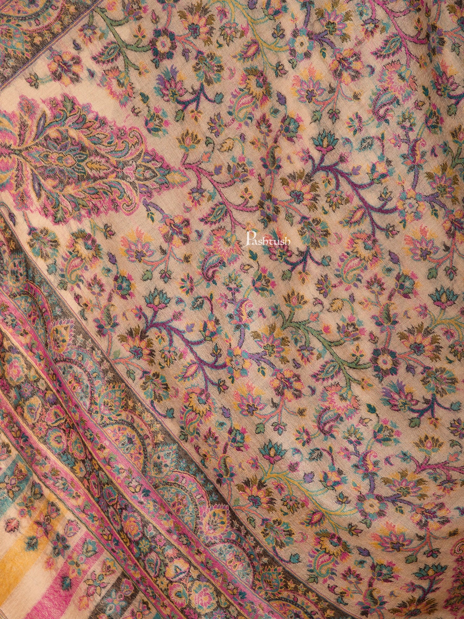 Pashtush Womens 100% Pure Wool With Woolmark Certificate Shawl, Ethnic Paisley Weave ,Soft And Warm Design, Beige - Image 2