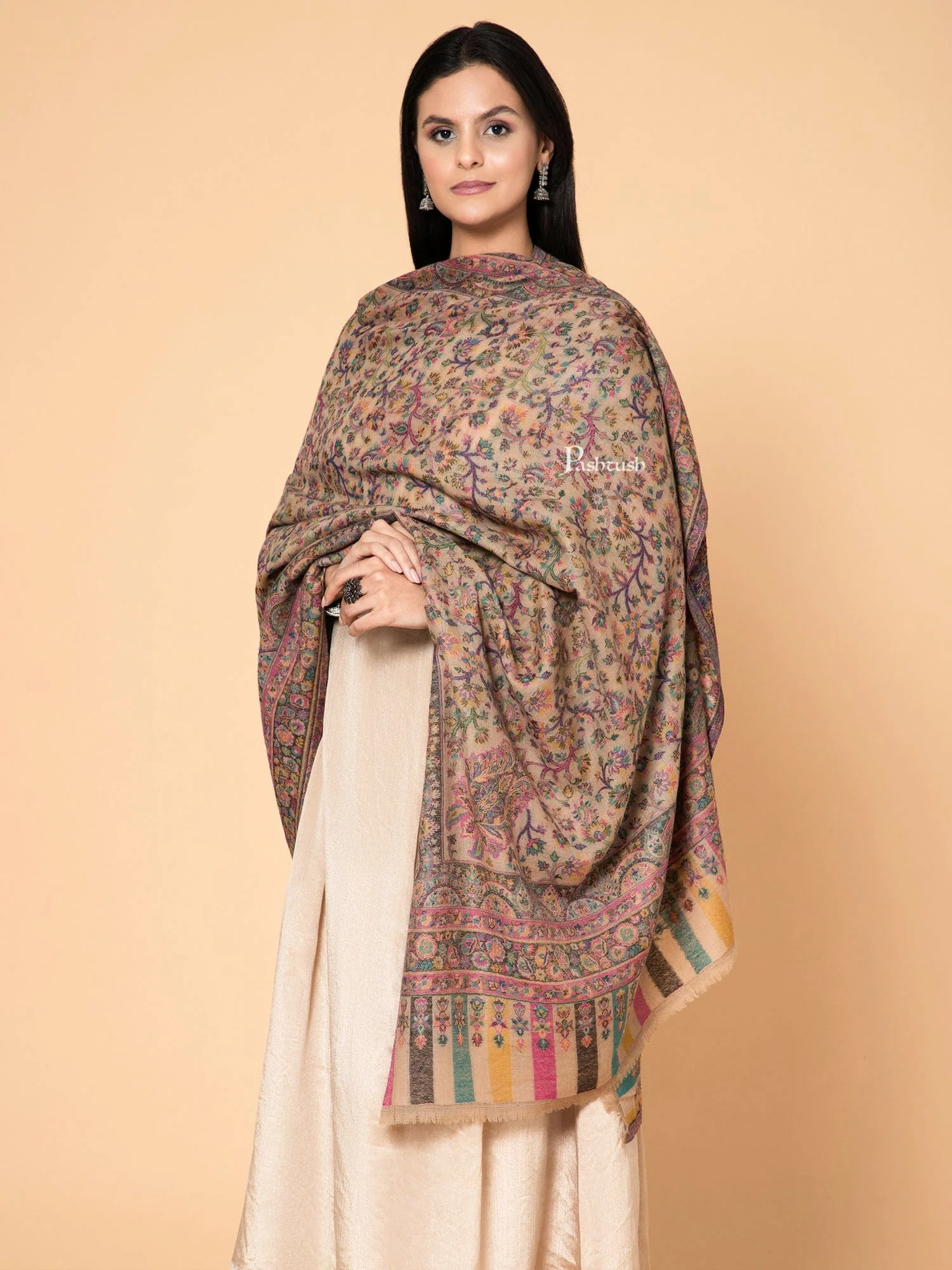 Pashtush Womens 100% Pure Wool With Woolmark Certificate Shawl, Ethnic Paisley Weave ,Soft And Warm Design, Beige - Image 4