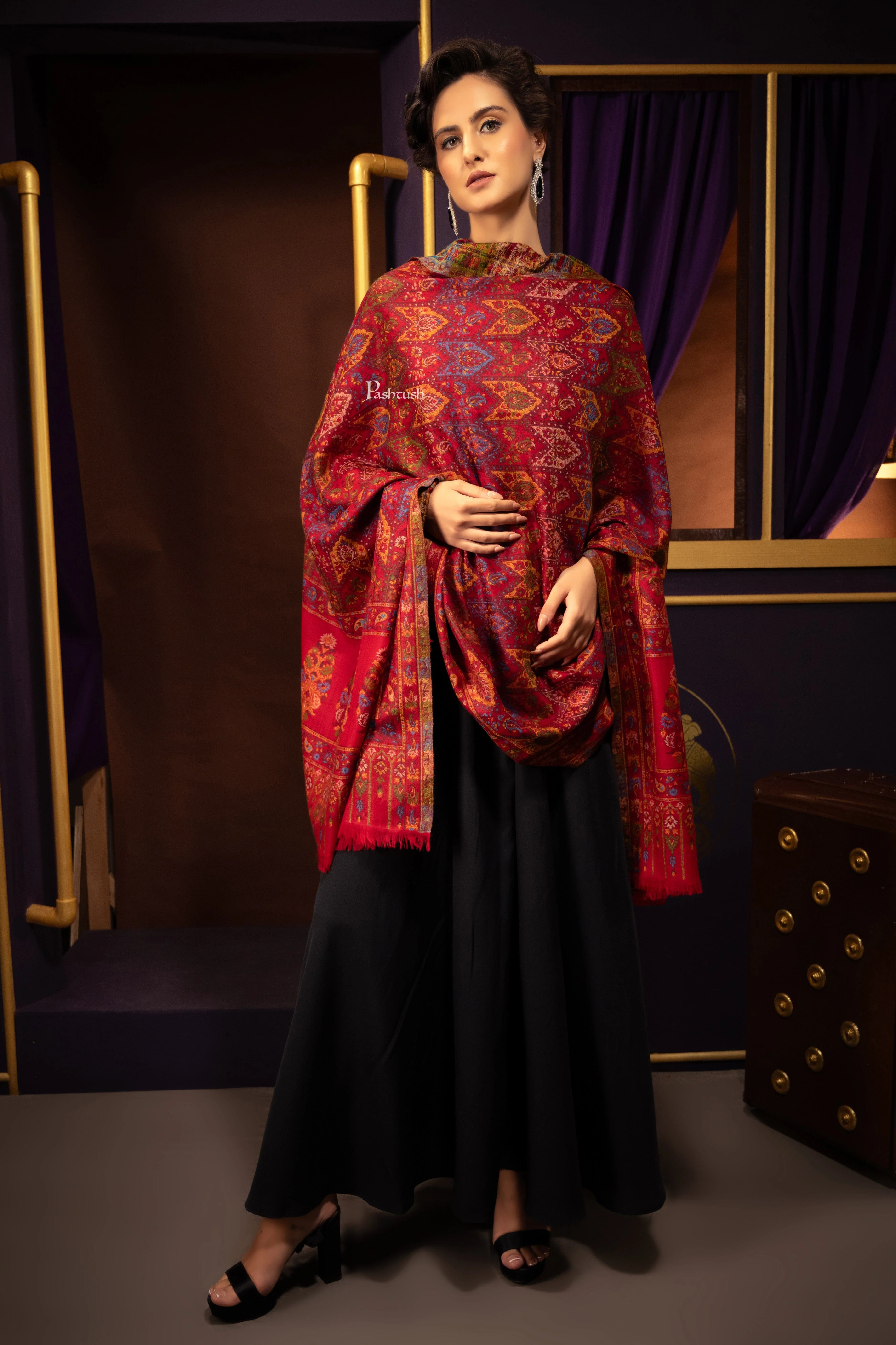 Pashtush Womens 100% Pure Wool With Woolmark Certificate Shawl, Ethnic Palla Design, Maroon
