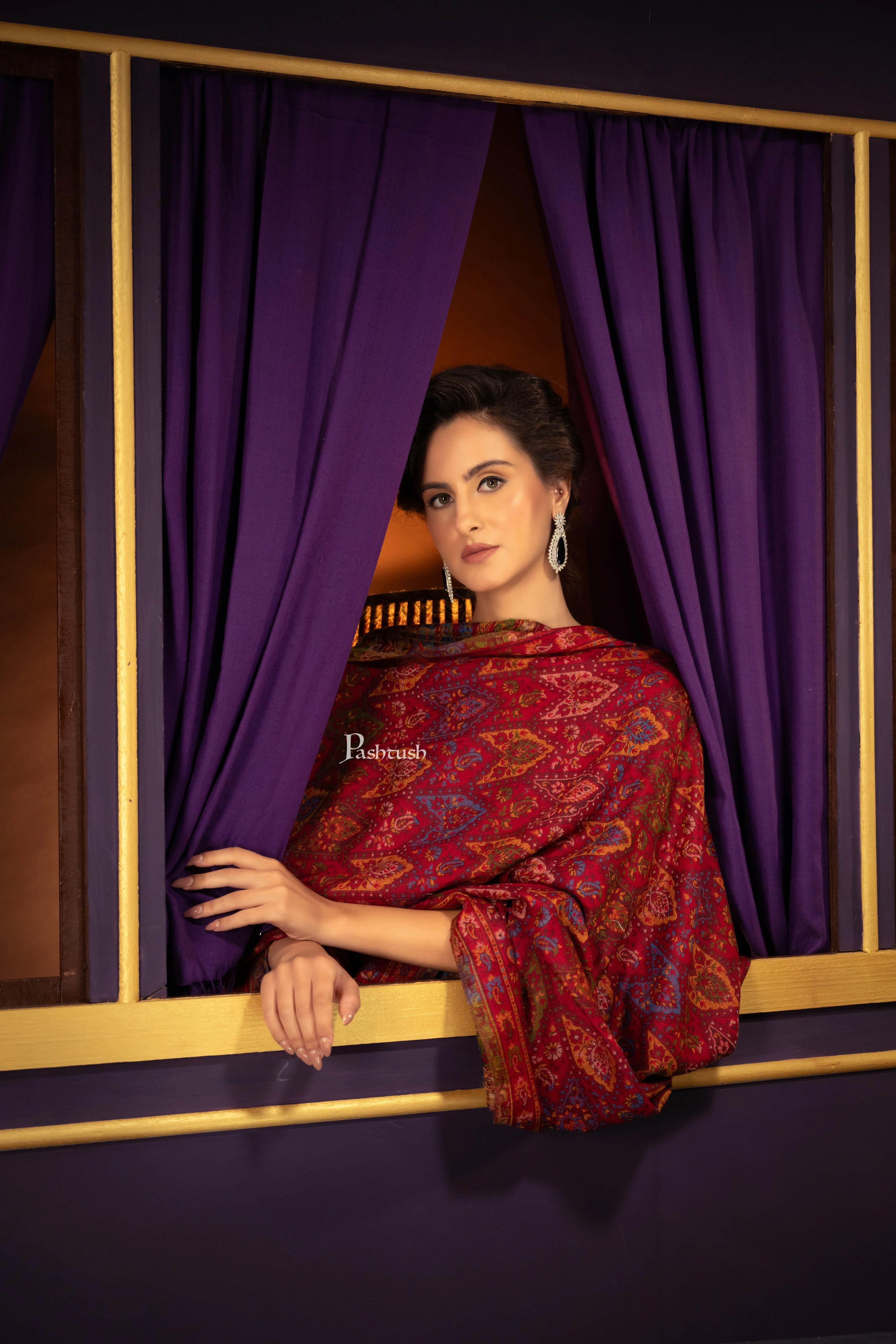 Pashtush Womens 100% Pure Wool With Woolmark Certificate Shawl, Ethnic Palla Design, Maroon - Image 2