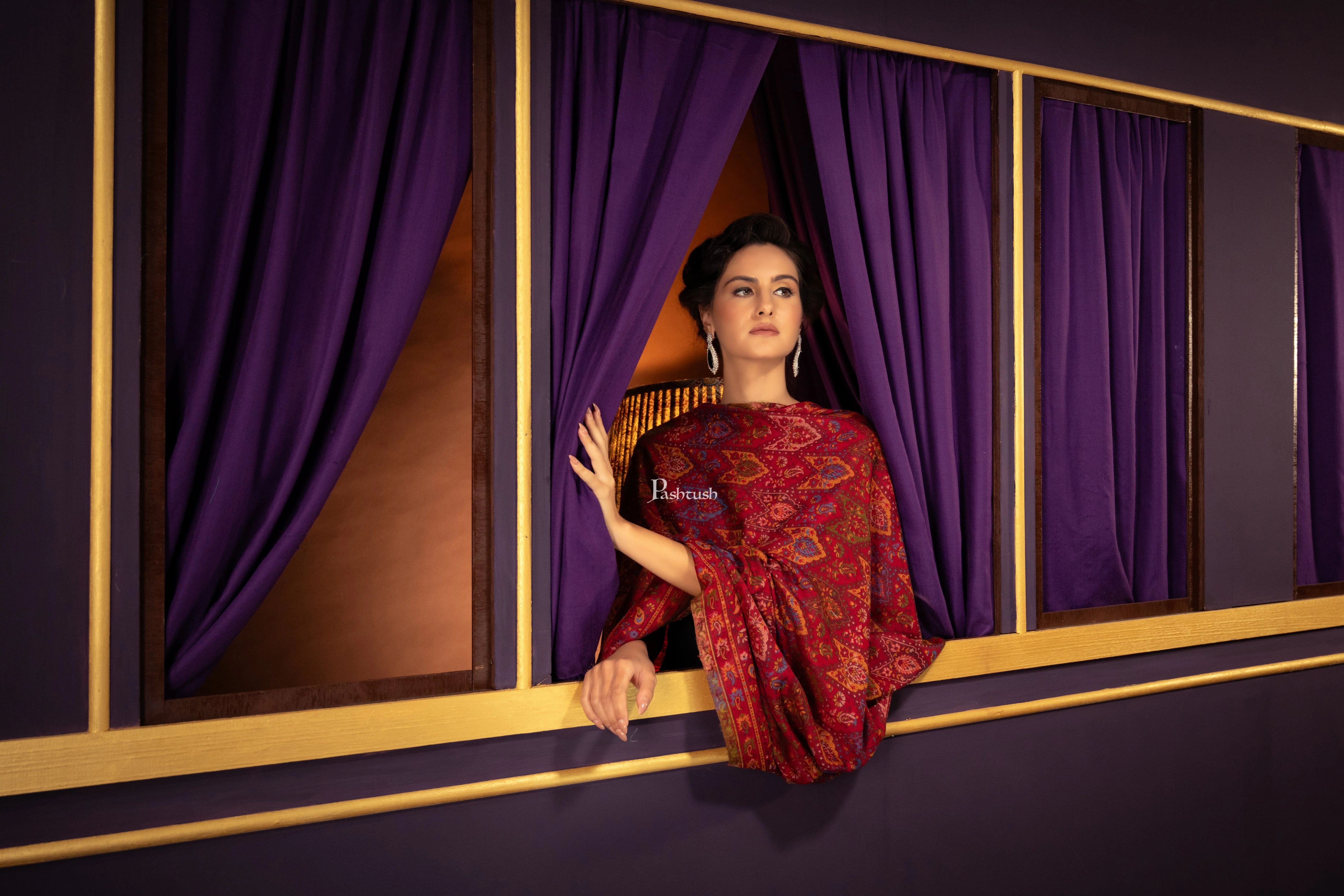 Pashtush Womens 100% Pure Wool With Woolmark Certificate Shawl, Ethnic Palla Design, Maroon - Image 4