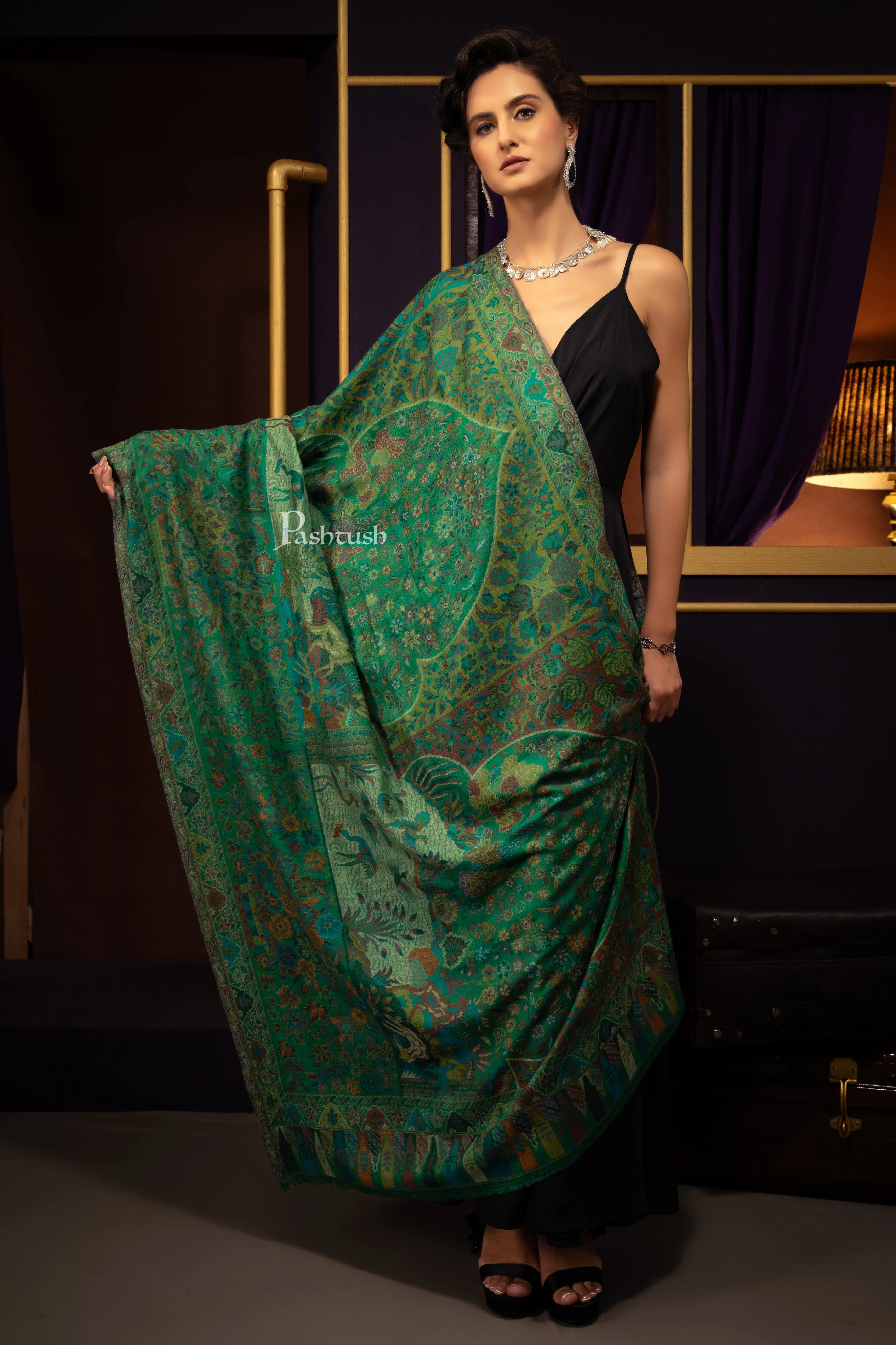 Pashtush Womens 100% Pure Wool With Woolmark Certificate Shawl, Ethnic Pasiley Weave Soft And Warm Design, Green - Image 3