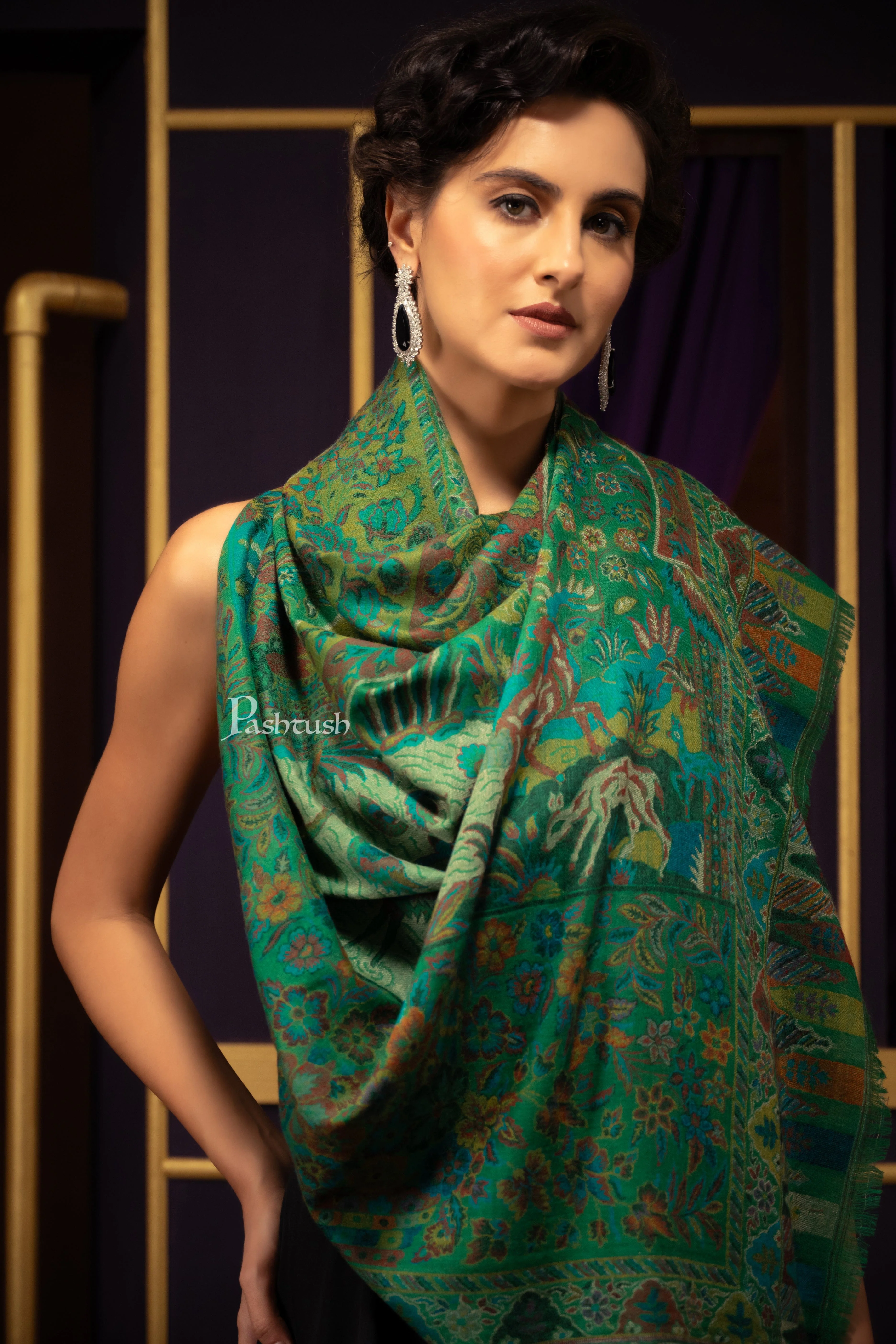 Pashtush Womens 100% Pure Wool With Woolmark Certificate Shawl, Ethnic Pasiley Weave Soft And Warm Design, Green - Image 4