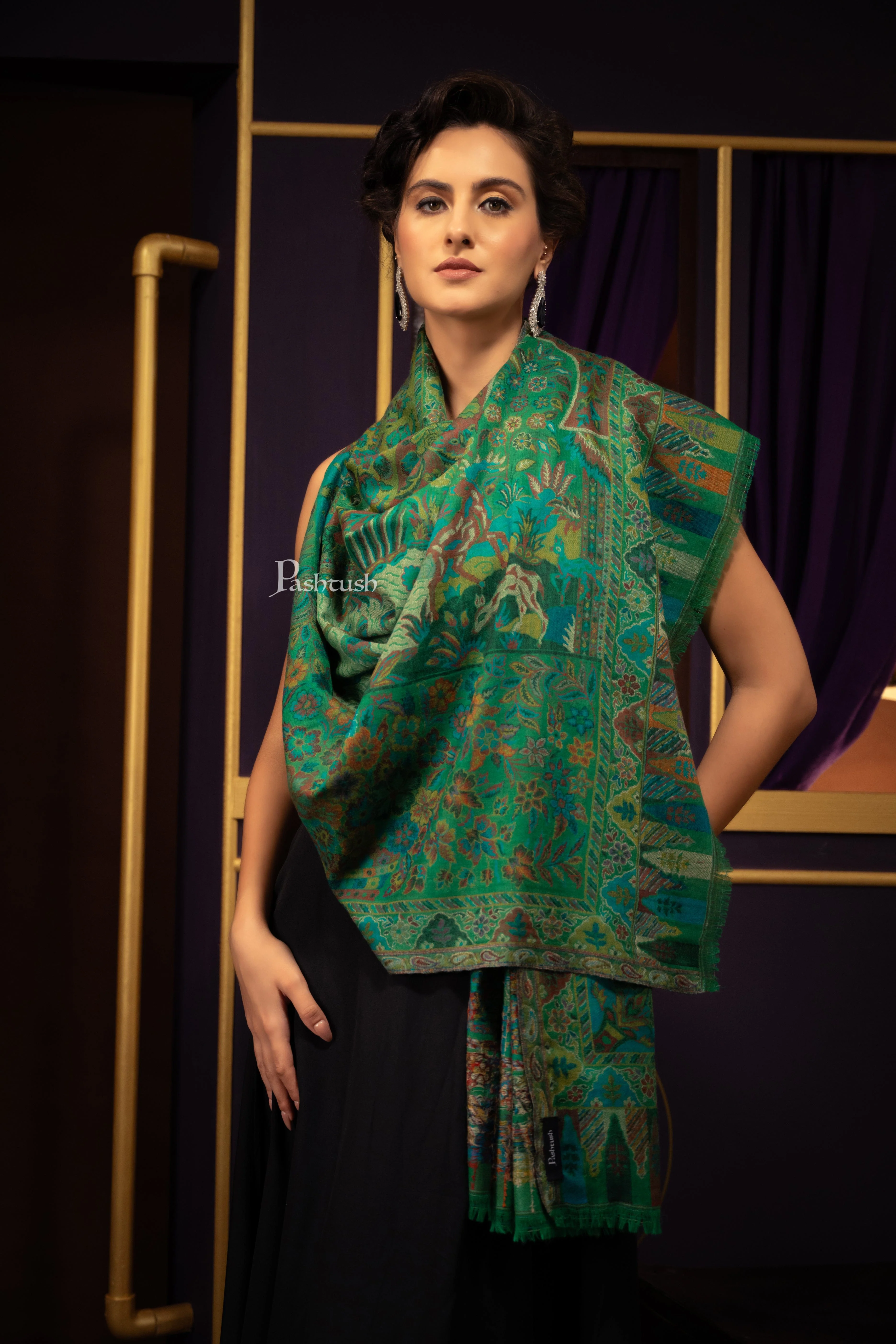 Pashtush Womens 100% Pure Wool With Woolmark Certificate Shawl, Ethnic Pasiley Weave Soft And Warm Design, Green - Image 5