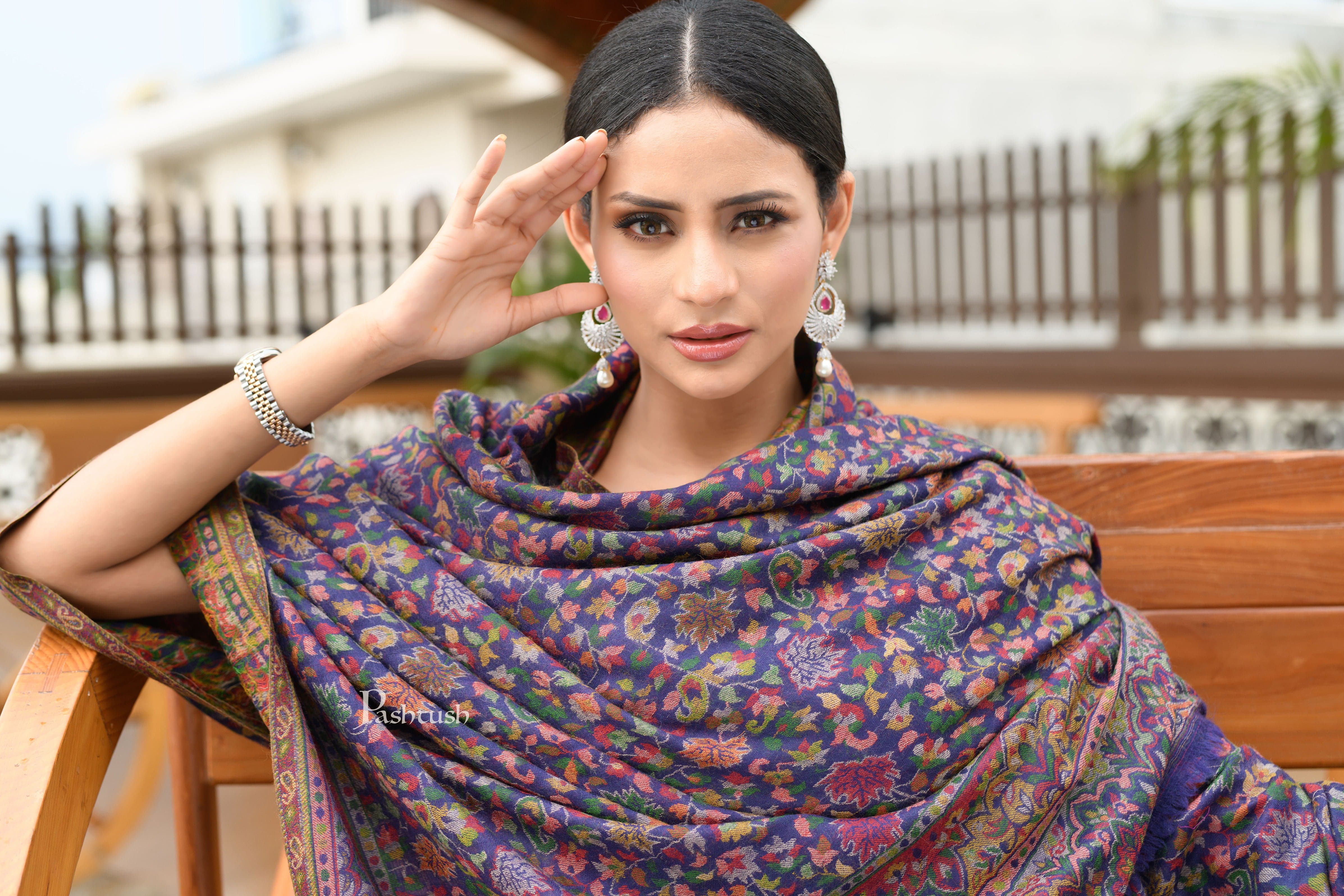 Pashtush Womens 100% Pure Wool With Woolmark Certificate Shawl, Ethnic Weave Design, Blue - Image 3