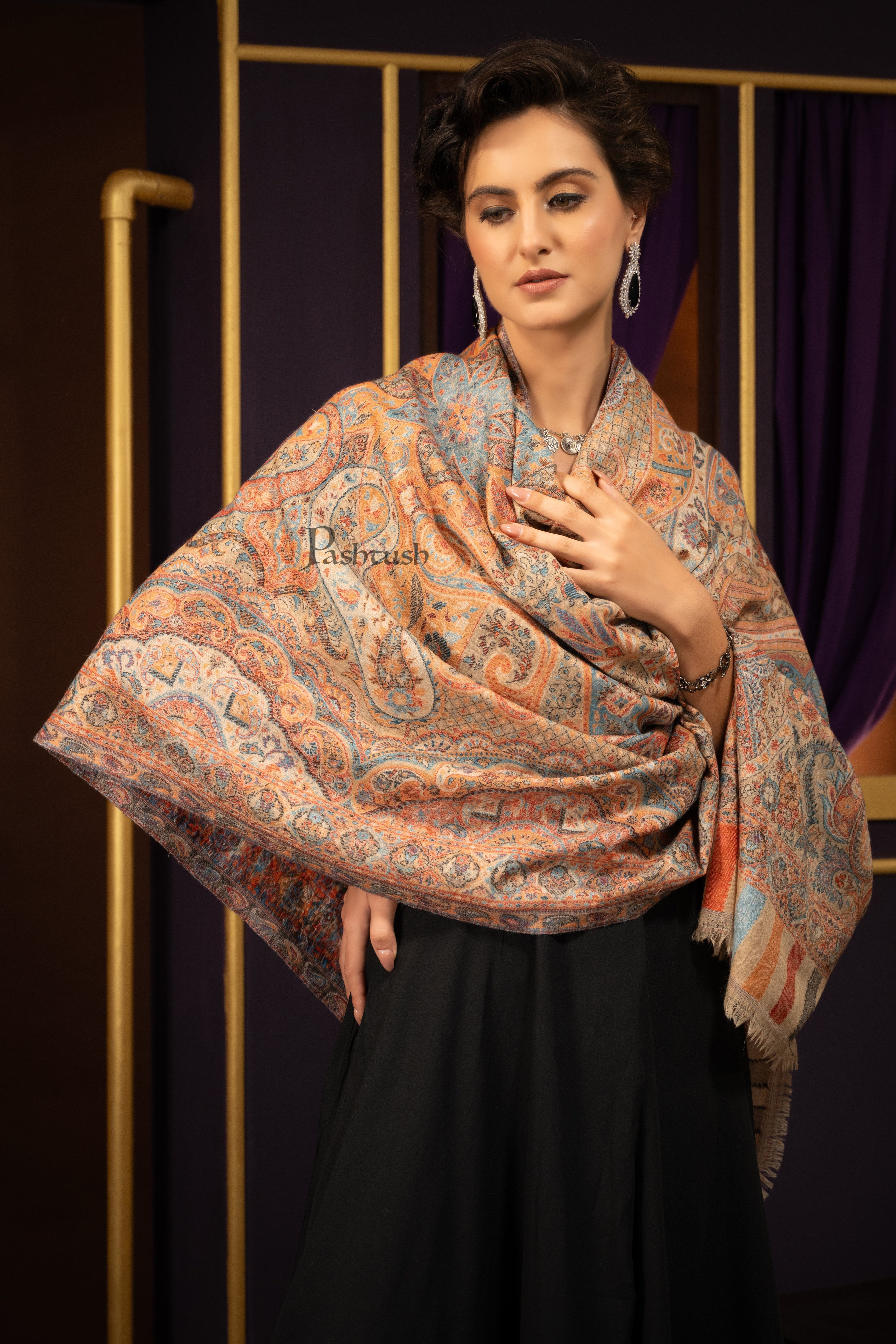 Pashtush Womens 100% Pure Wool With Woolmark Certificate Shawl, Ethnic Weave Soft And Warm Design, Ivory - Image 5