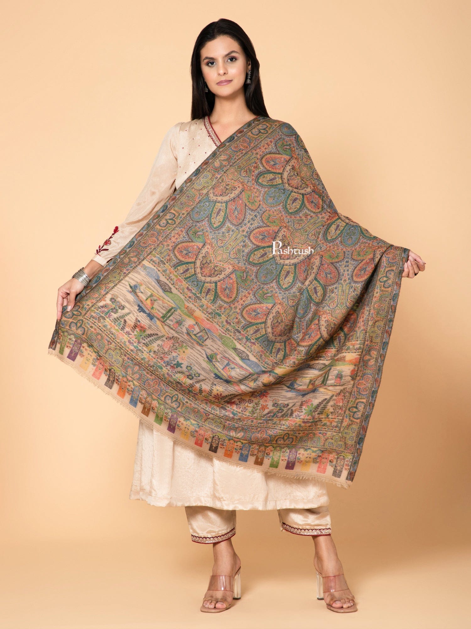 Pashtush Womens 100% Pure Wool With Woolmark Certificate Shawl, Ethnic Weave Soft And Warm Lake Design, Mustard