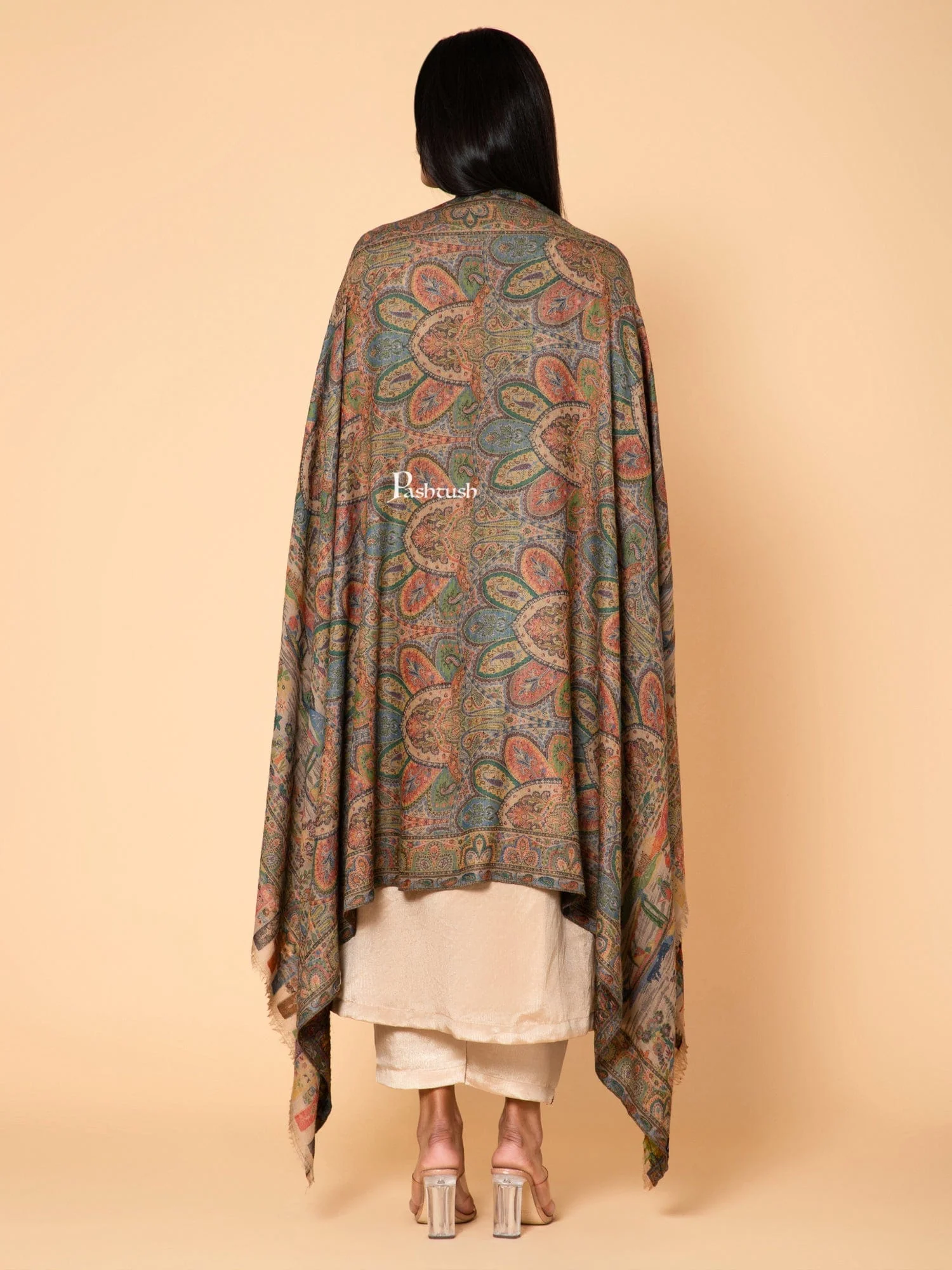 Pashtush Womens 100% Pure Wool With Woolmark Certificate Shawl, Ethnic Weave Soft And Warm Lake Design, Mustard - Image 4