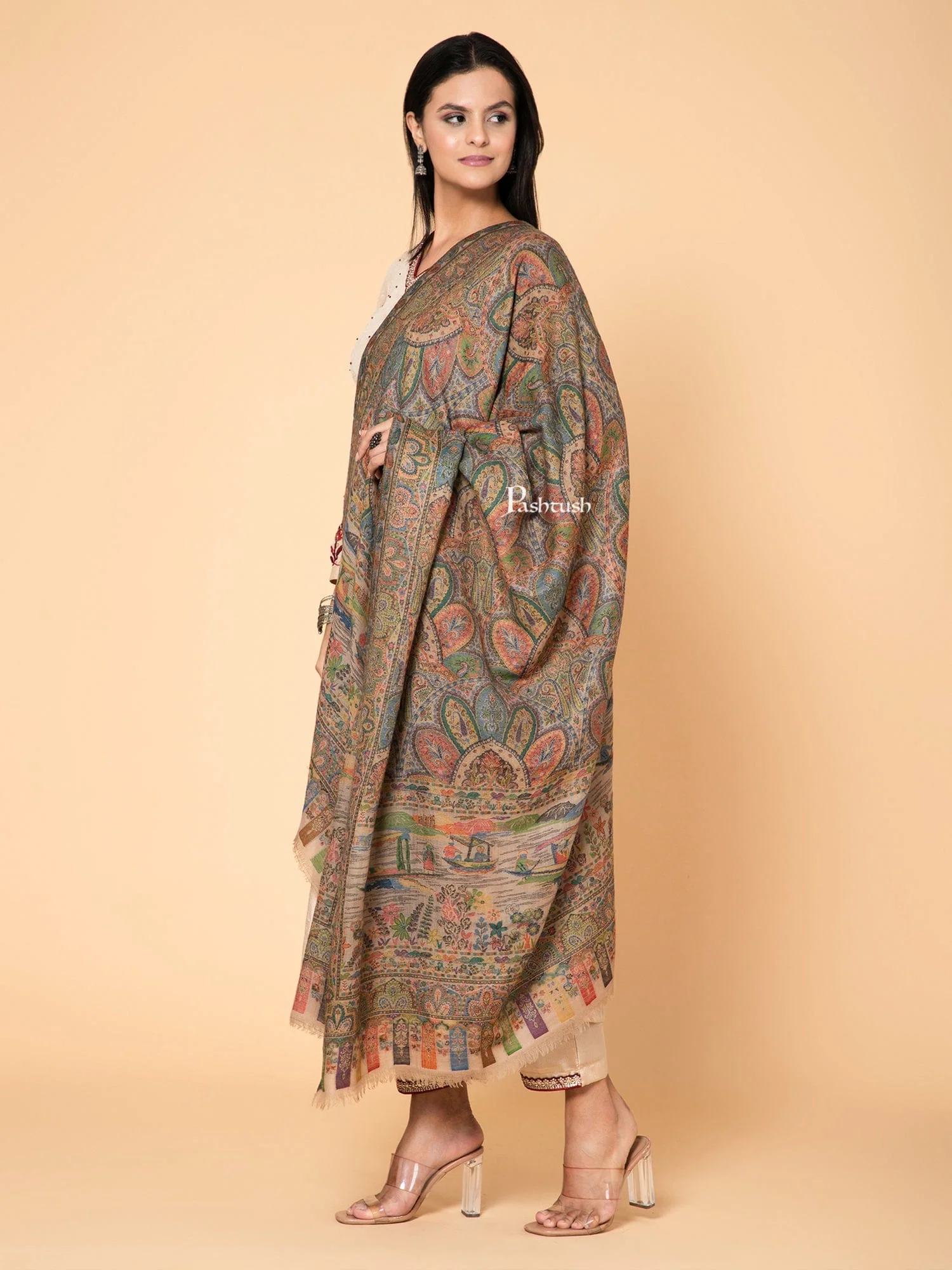 Pashtush Womens 100% Pure Wool With Woolmark Certificate Shawl, Ethnic Weave Soft And Warm Lake Design, Mustard - Image 5