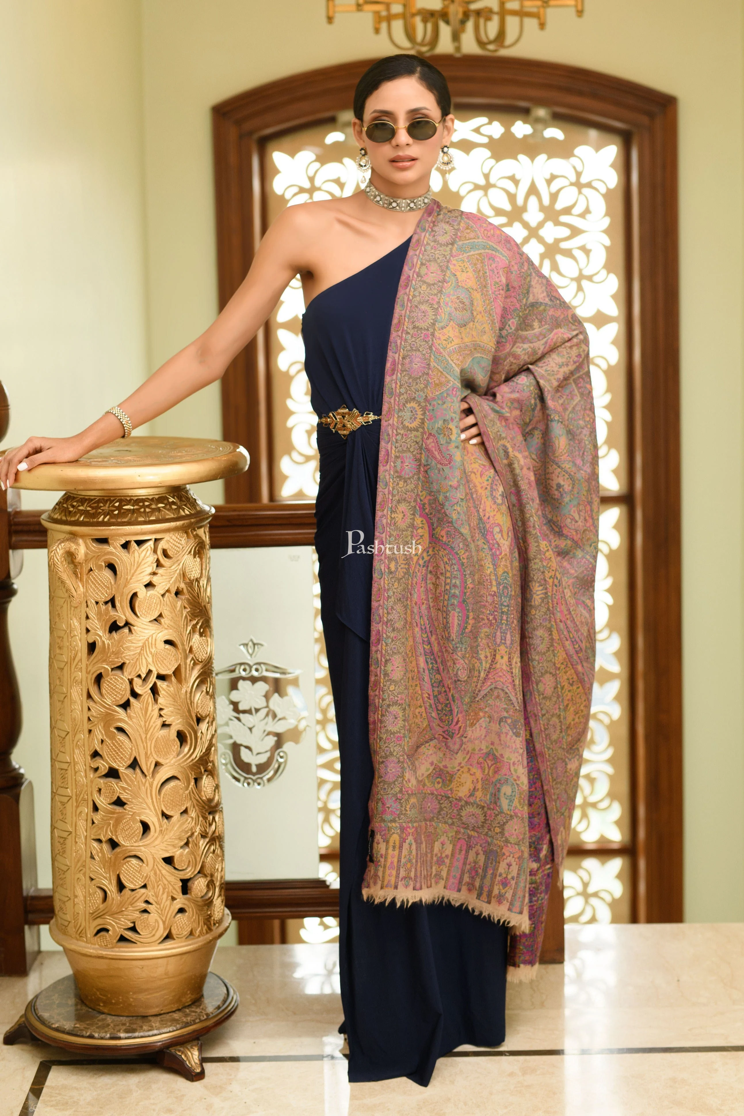 Pashtush Womens 100% Pure Wool With Woolmark Certificate Shawl, Kalamkari Weave, Antique Aesthetic Woven Design, Beige