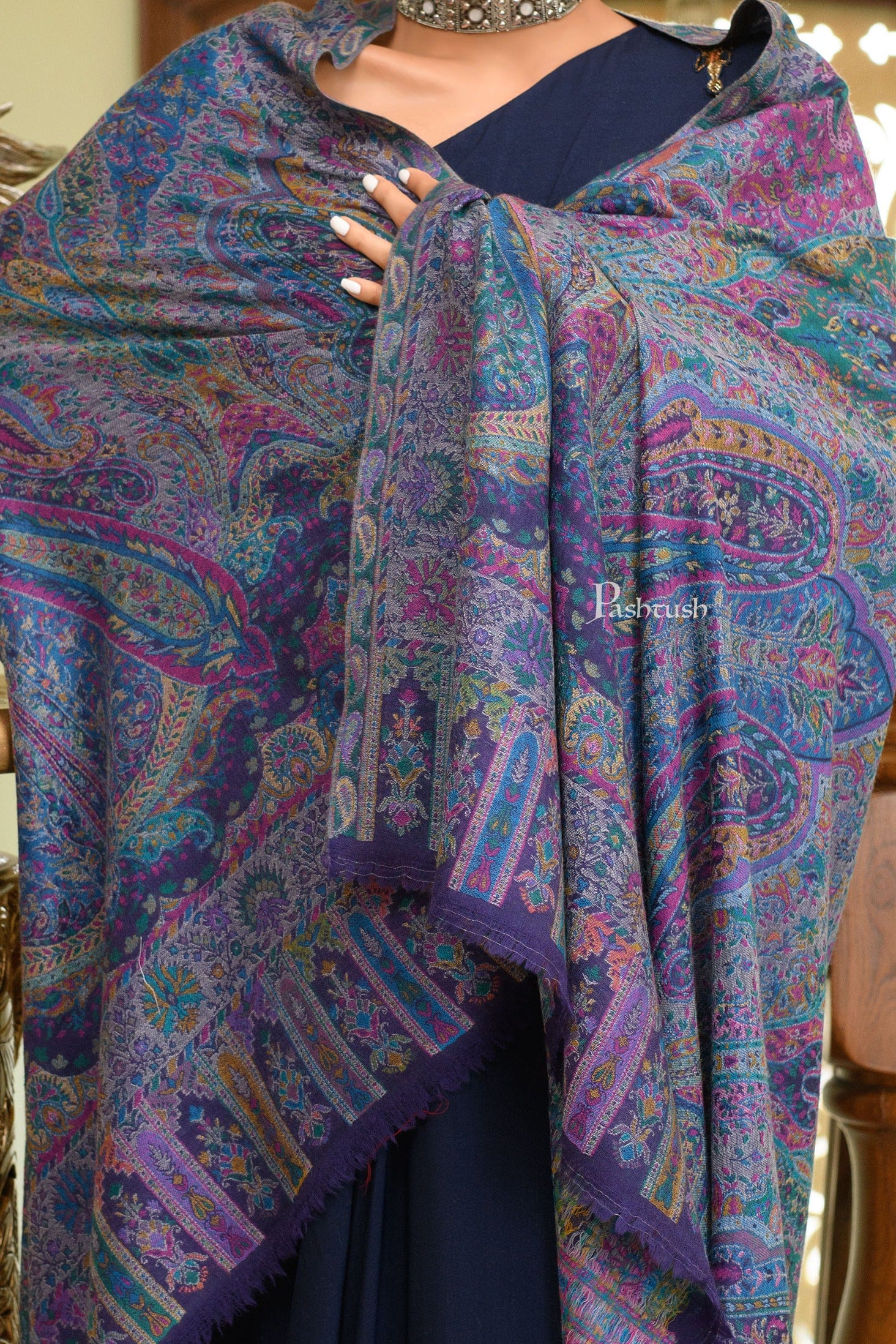 Pashtush Womens 100% Pure Wool With Woolmark Certificate Shawl, Kalamkari Weave, Antique Aesthetic Woven Design, Blue - Image 2