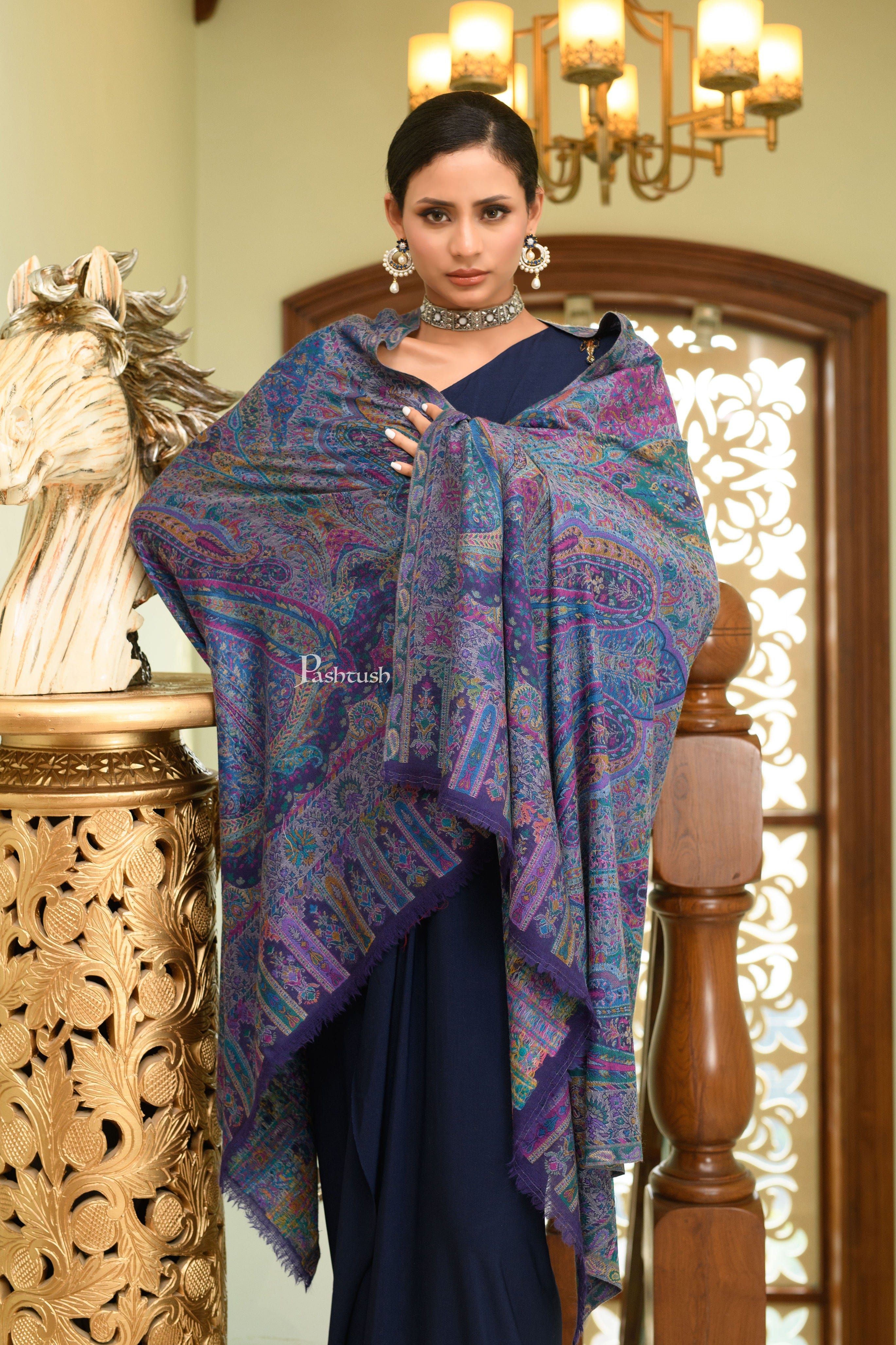 Pashtush Womens 100% Pure Wool With Woolmark Certificate Shawl, Kalamkari Weave, Antique Aesthetic Woven Design, Blue - Image 3