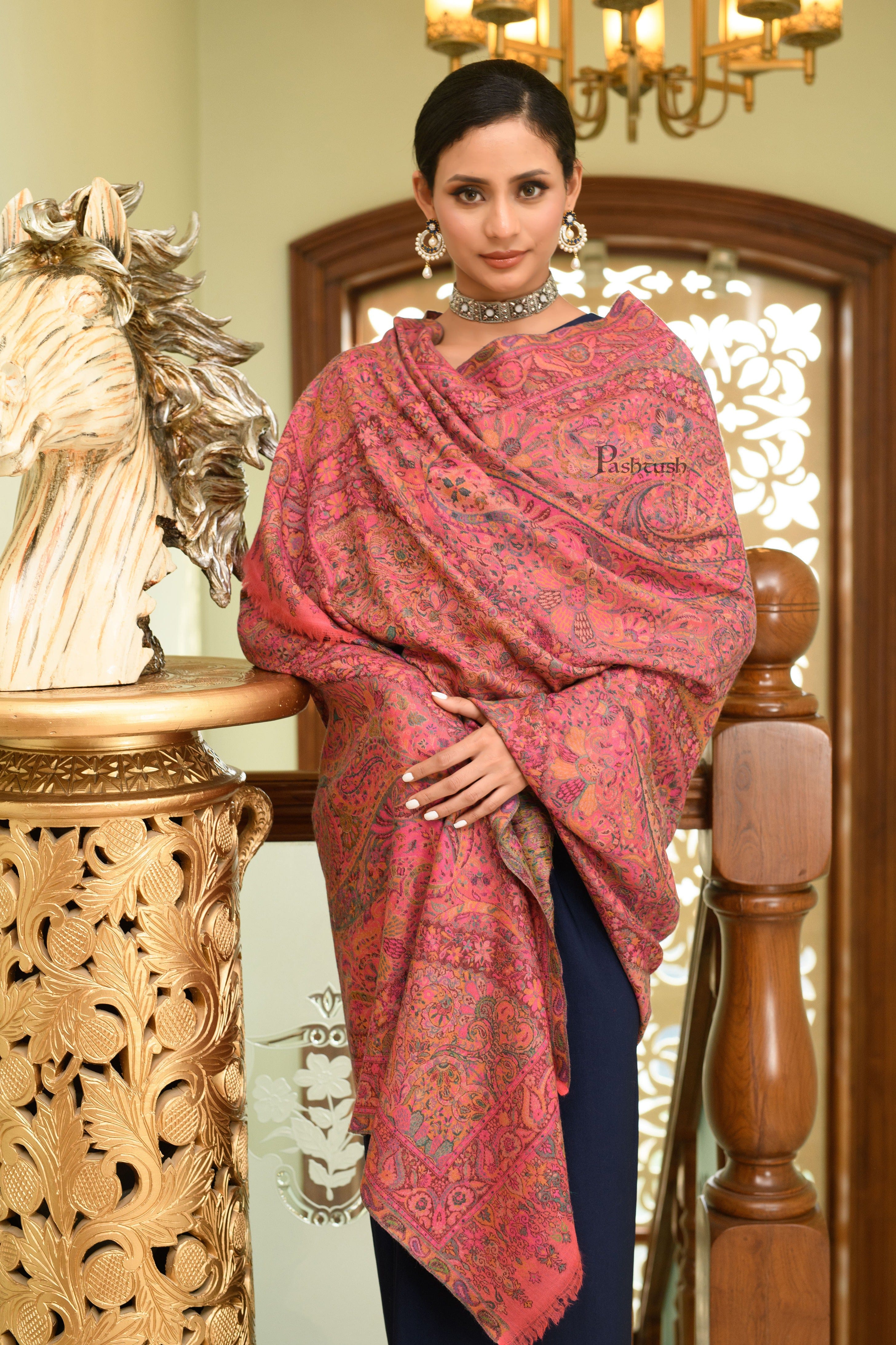 Pashtush Womens 100% Pure Wool With Woolmark Certificate Shawl, Kalamkari Weave, Antique Aesthetic Woven Design, Pink - Image 3