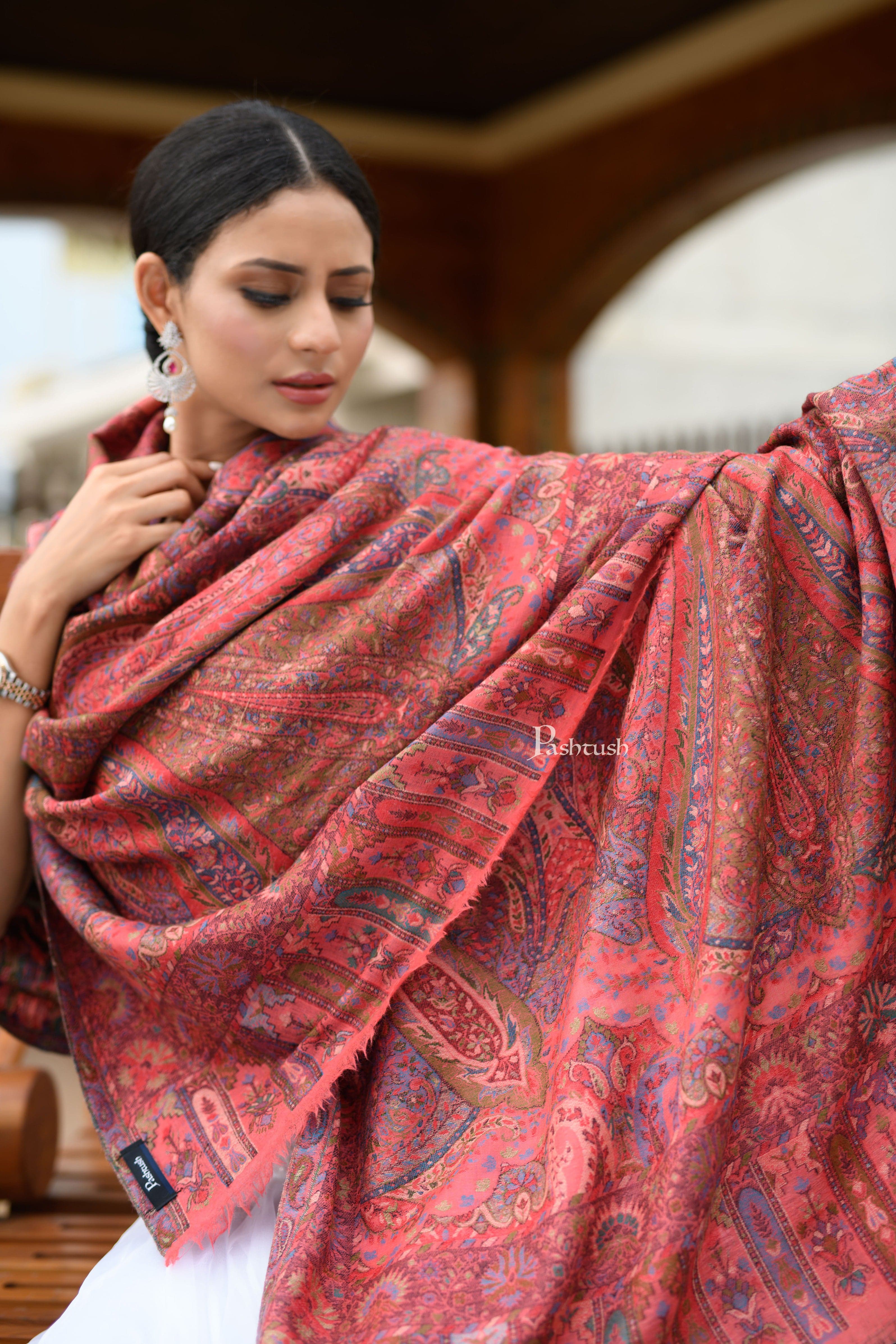 Pashtush Womens 100% Pure Wool With Woolmark Certificate Shawl, Kalamkari Weave, Antique Aesthetic Woven Design, Rose