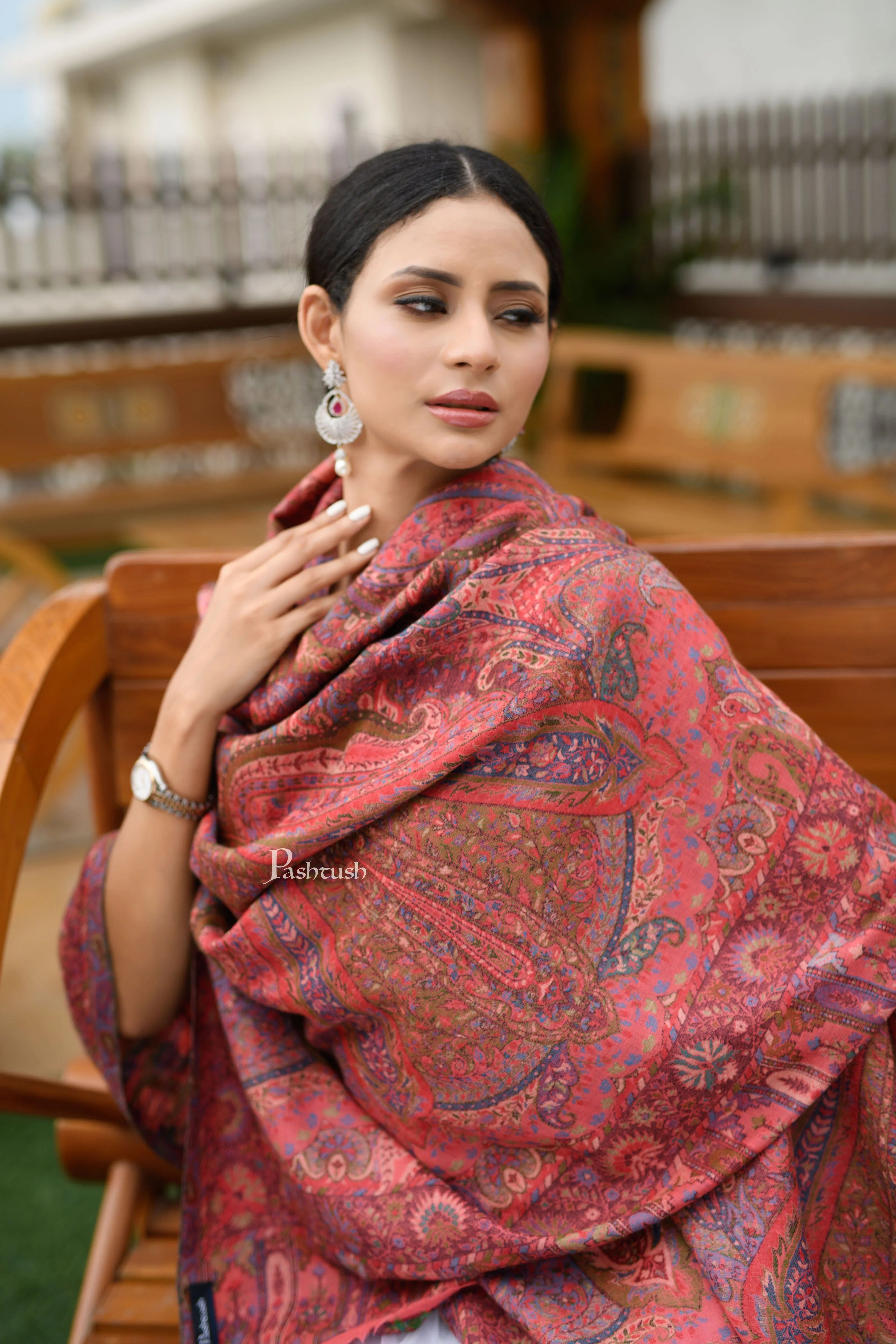 Pashtush Womens 100% Pure Wool With Woolmark Certificate Shawl, Kalamkari Weave, Antique Aesthetic Woven Design, Rose - Image 2