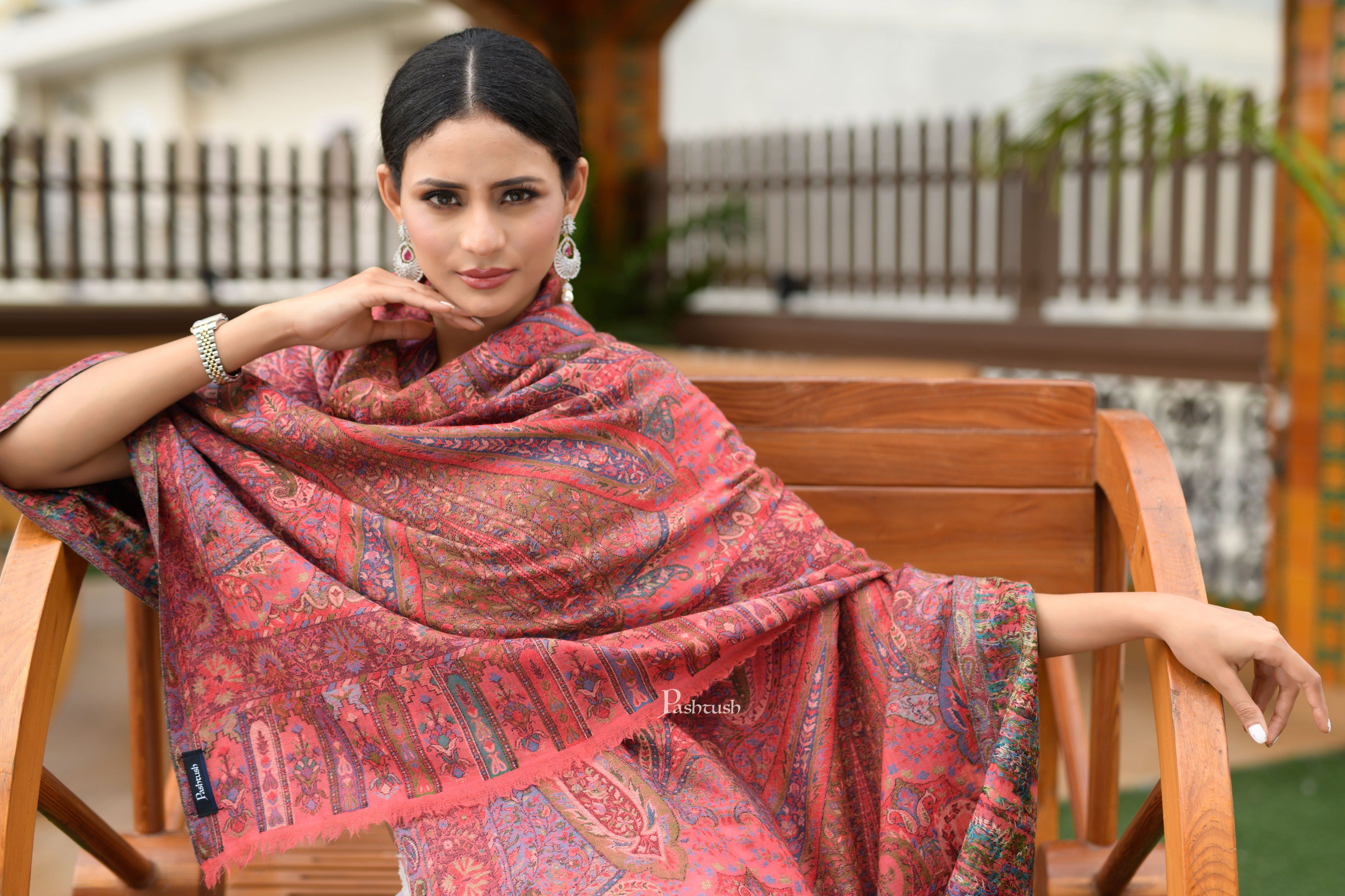 Pashtush Womens 100% Pure Wool With Woolmark Certificate Shawl, Kalamkari Weave, Antique Aesthetic Woven Design, Rose - Image 3