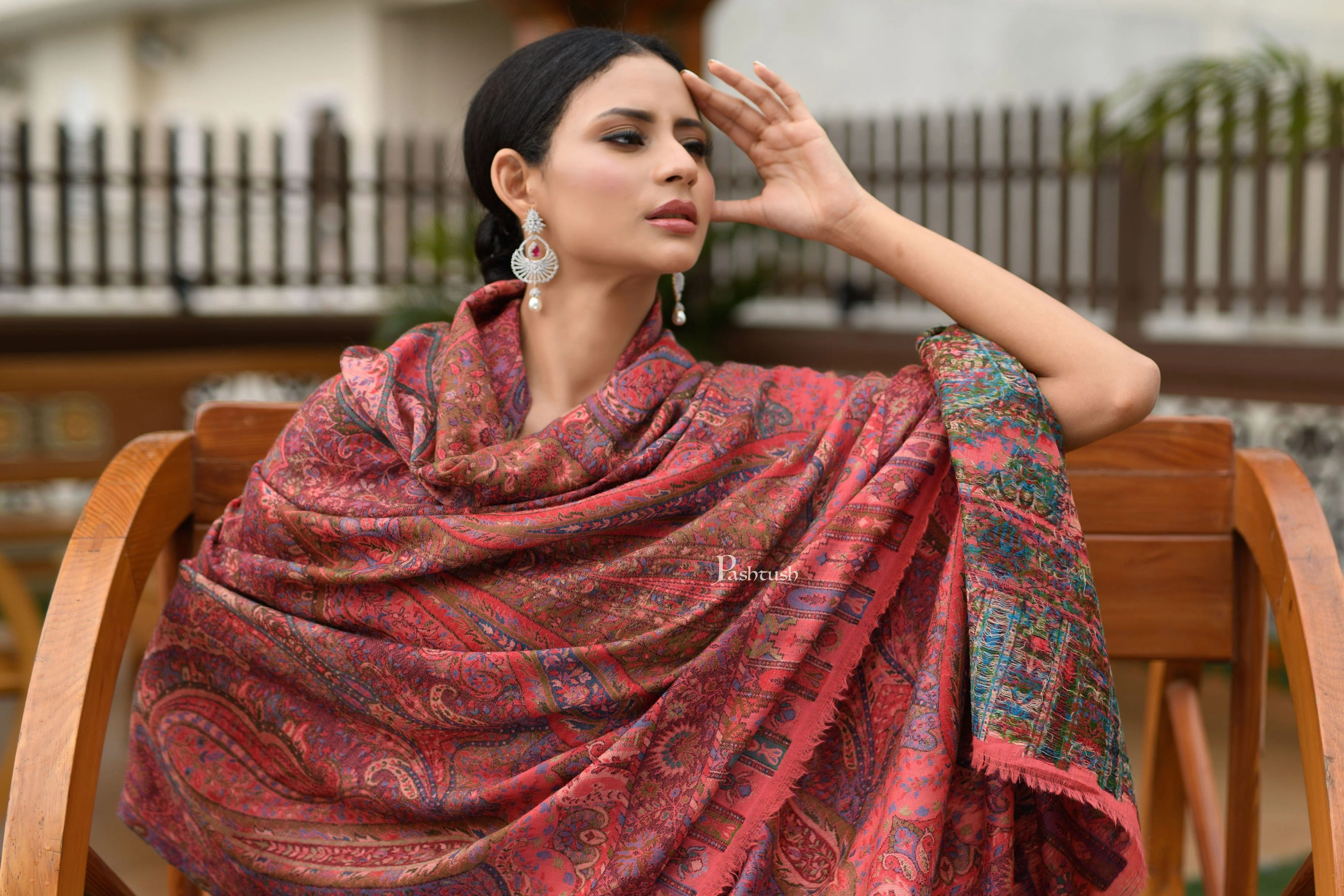 Pashtush Womens 100% Pure Wool With Woolmark Certificate Shawl, Kalamkari Weave, Antique Aesthetic Woven Design, Rose - Image 4