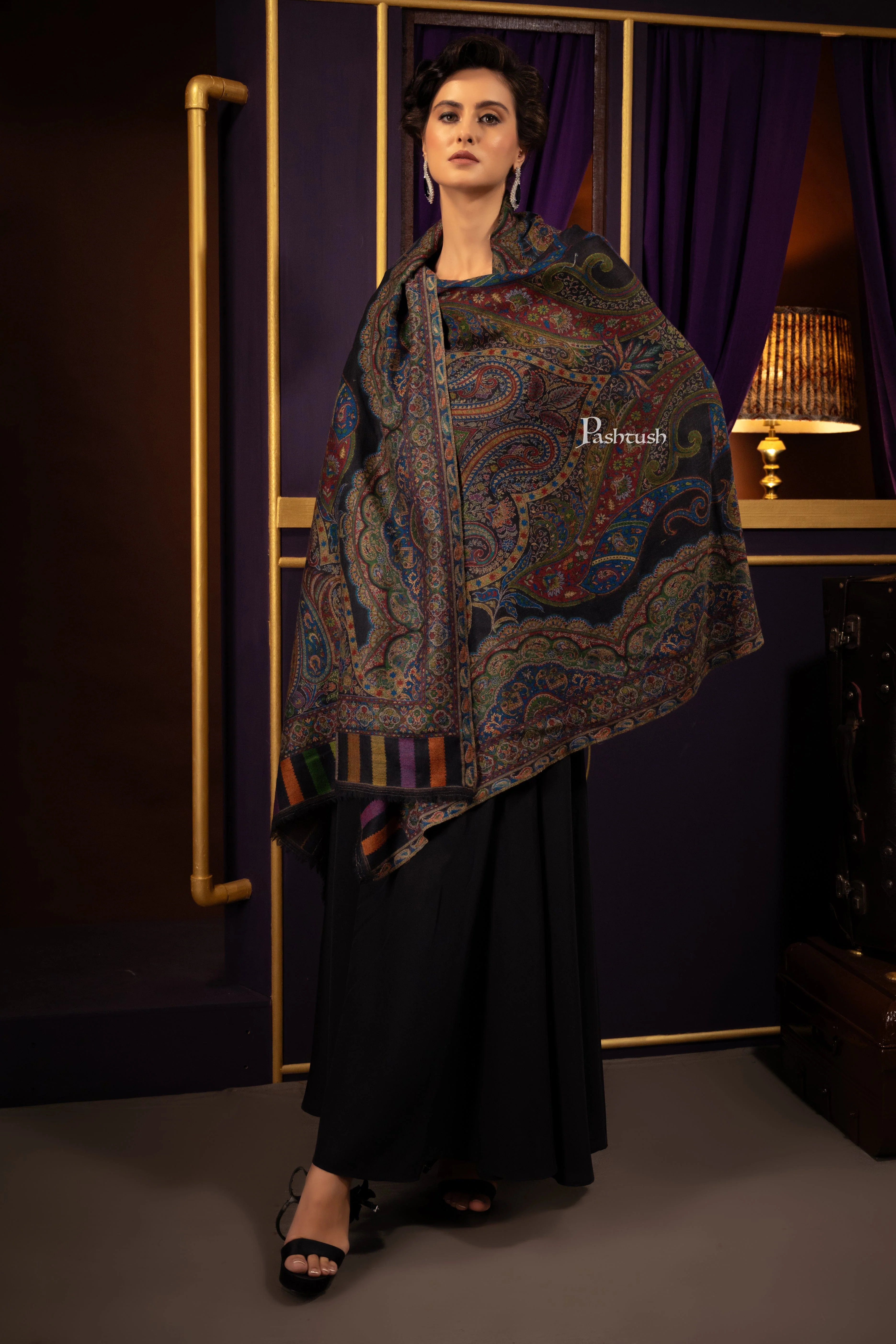 Pashtush Womens 100% Pure Wool With Woolmark Certificate Shawl, Paisley Weave Design, Black - Image 2