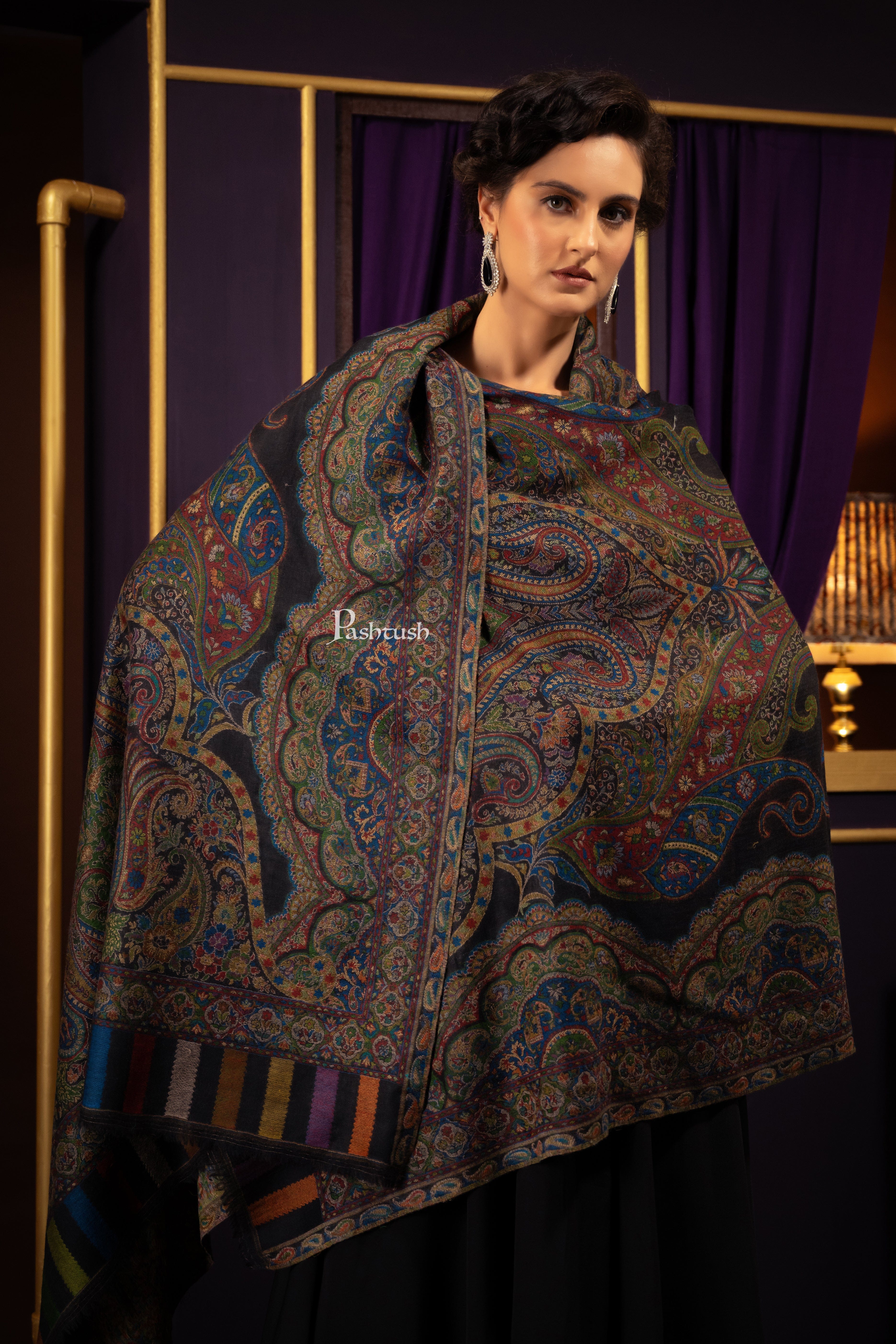 Pashtush Womens 100% Pure Wool With Woolmark Certificate Shawl, Paisley Weave Design, Black - Image 3