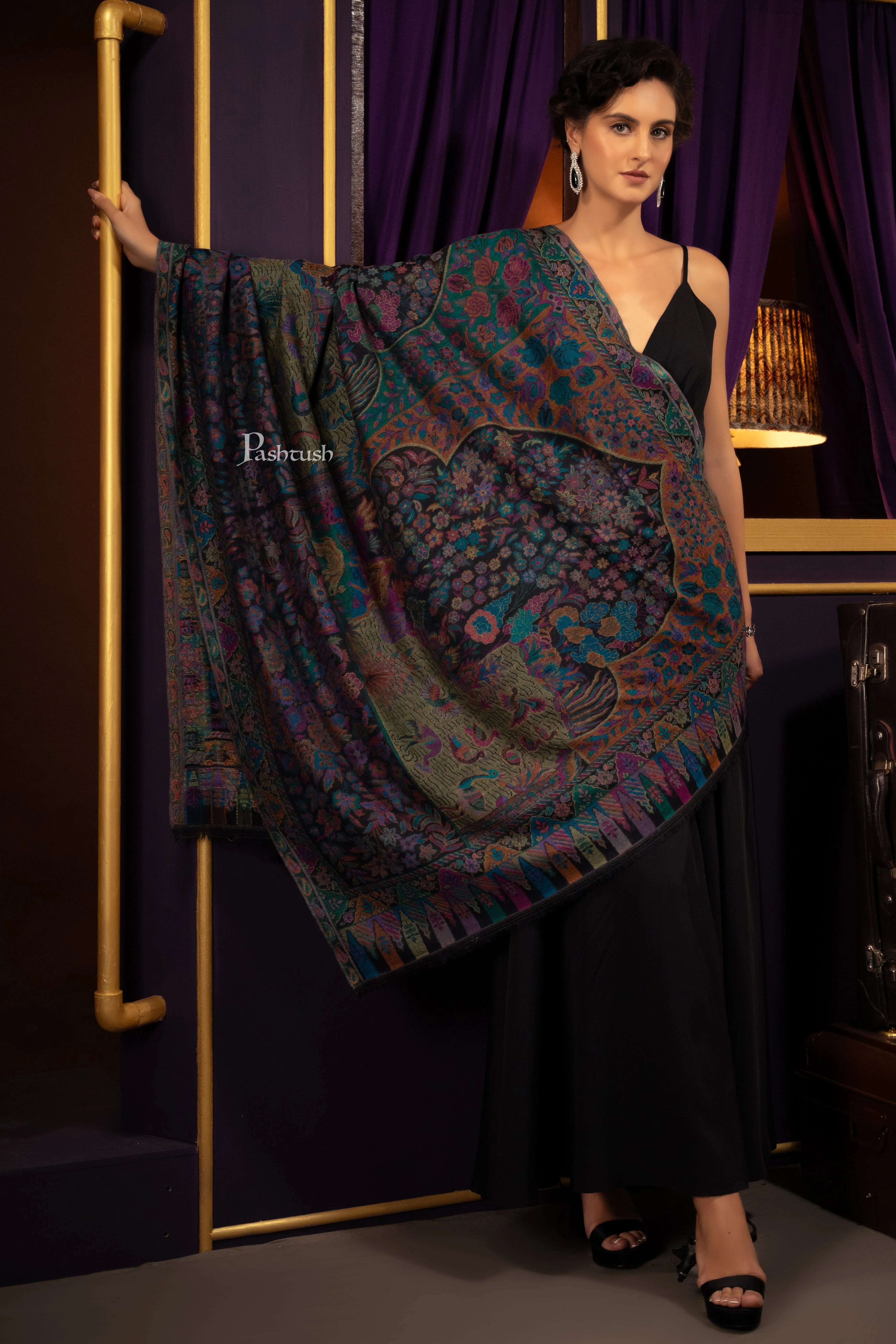 Pashtush Womens 100% Pure Wool With Woolmark Certificate Shawl, Paradise Design, Blue - Image 4