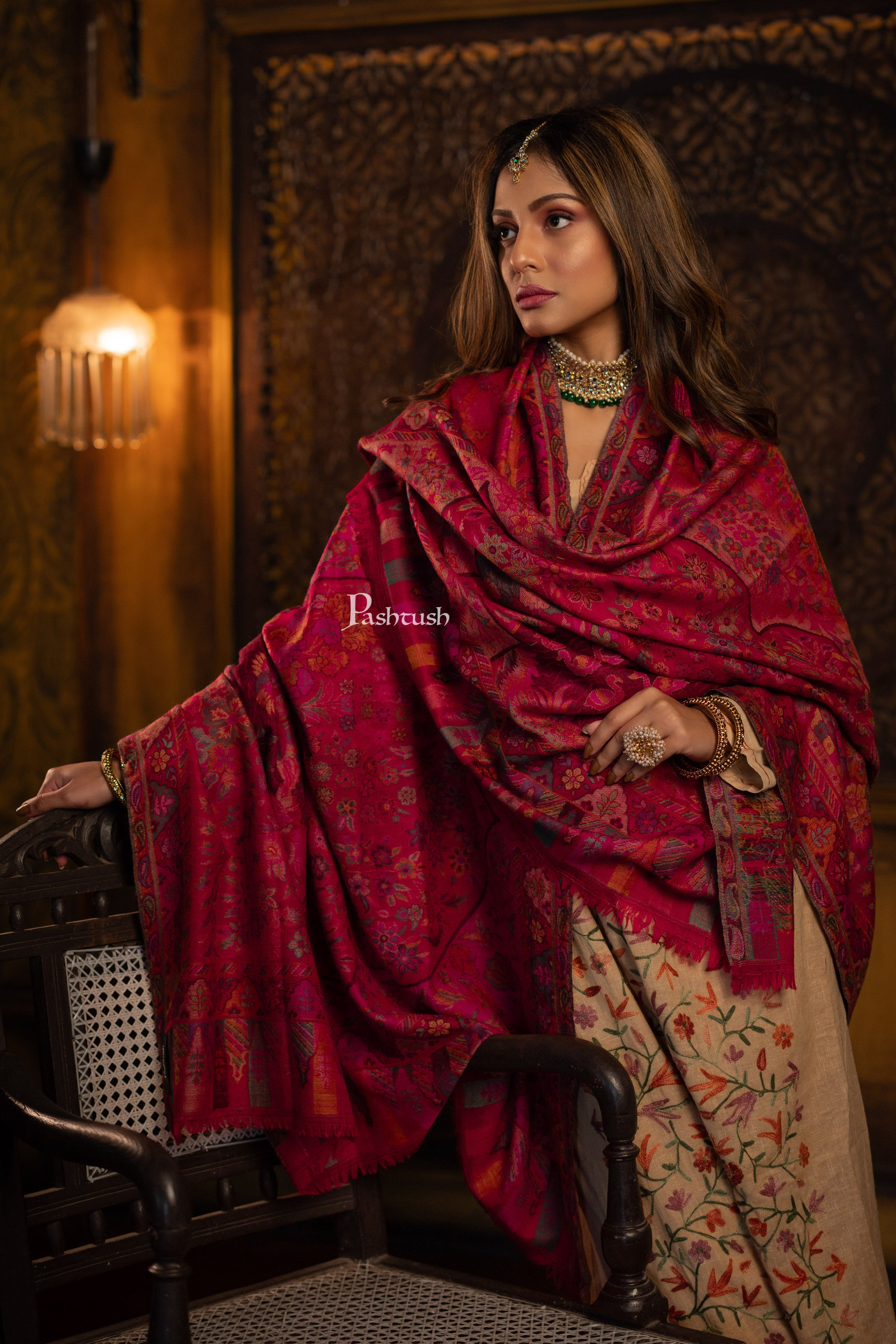 Pashtush Womens 100% Pure Wool With Woolmark Certificate Shawl, Paradise Design, Maroon