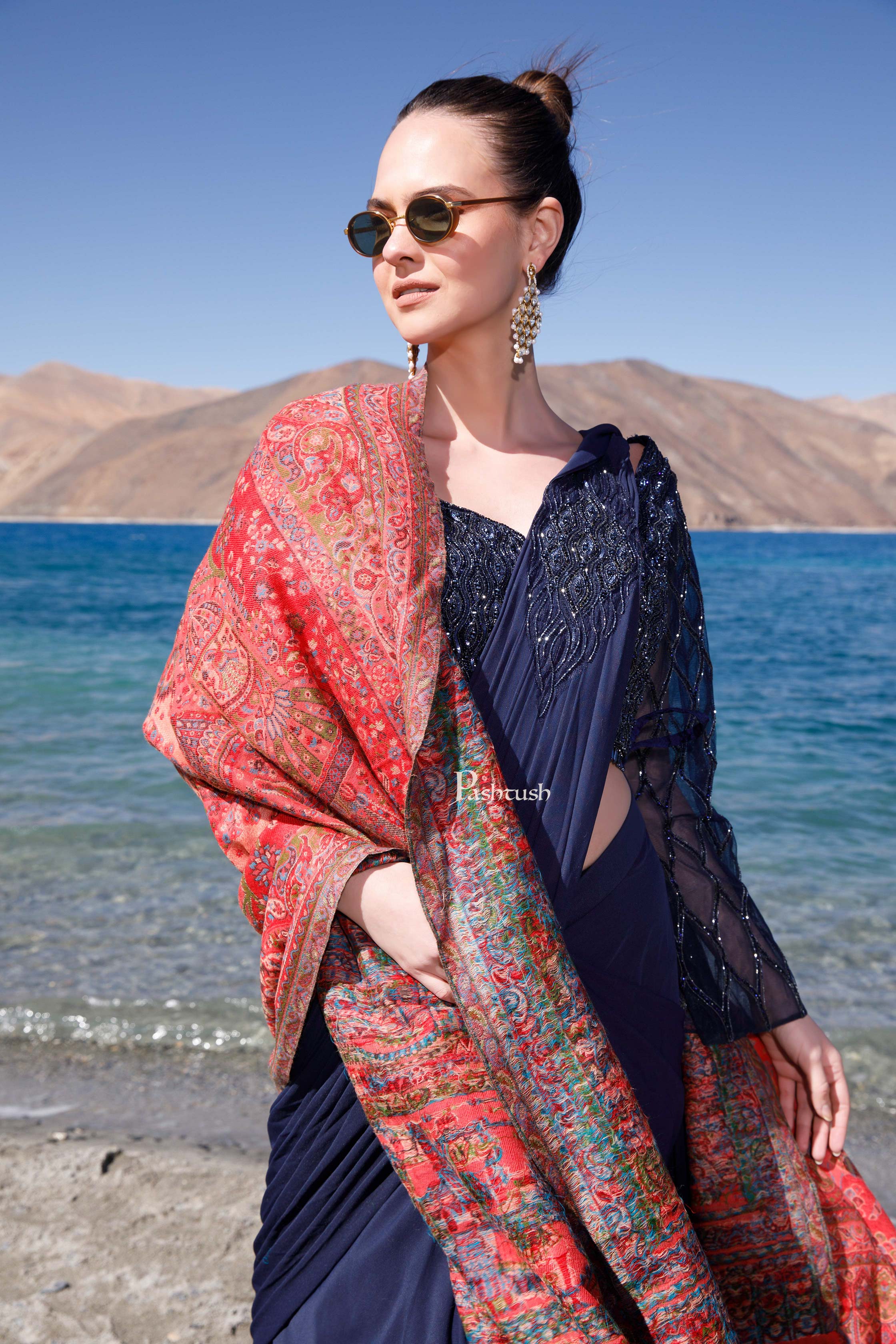 Pashtush Womens 100% Pure Wool With Woolmark Certificate Shawl, Woven Weave Royal Doli Design, Rose - Image 6