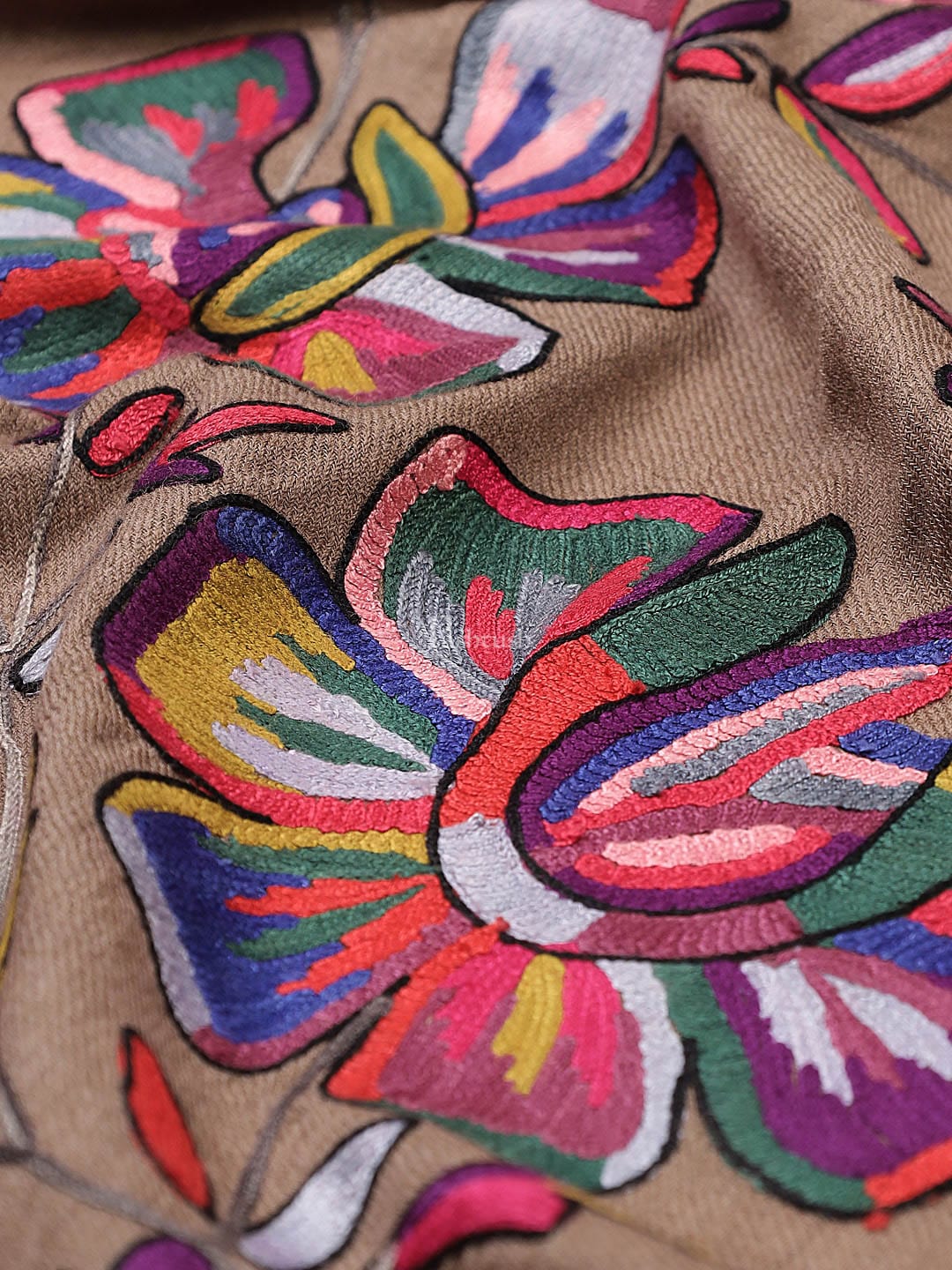 Pashtush womens 100% Pure Wool with Woolmark Certificate stole, 100% hand painted and nalki embroidery design, Taupe - Image 2