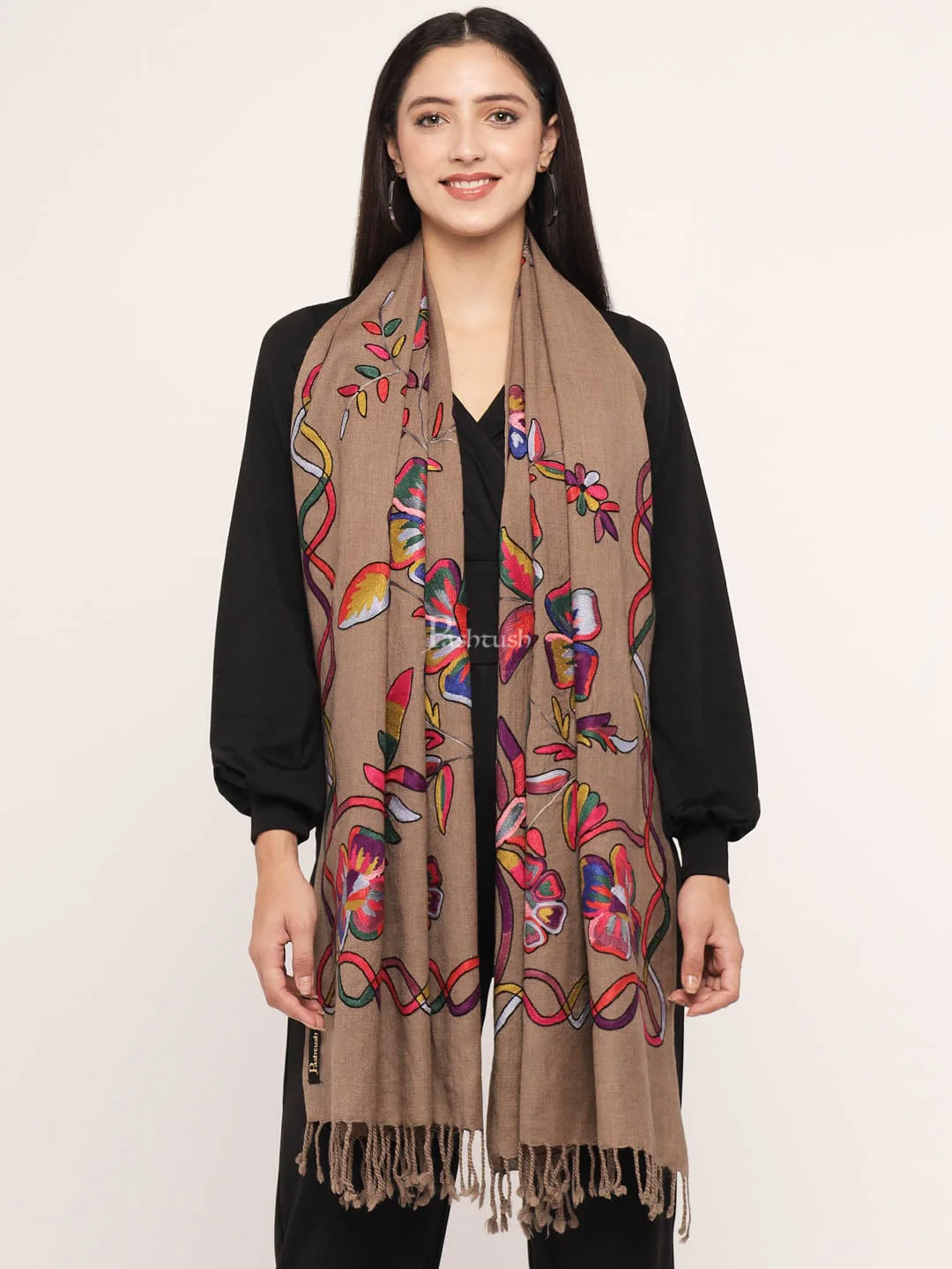 Pashtush womens 100% Pure Wool with Woolmark Certificate stole, 100% hand painted and nalki embroidery design, Taupe - Image 5