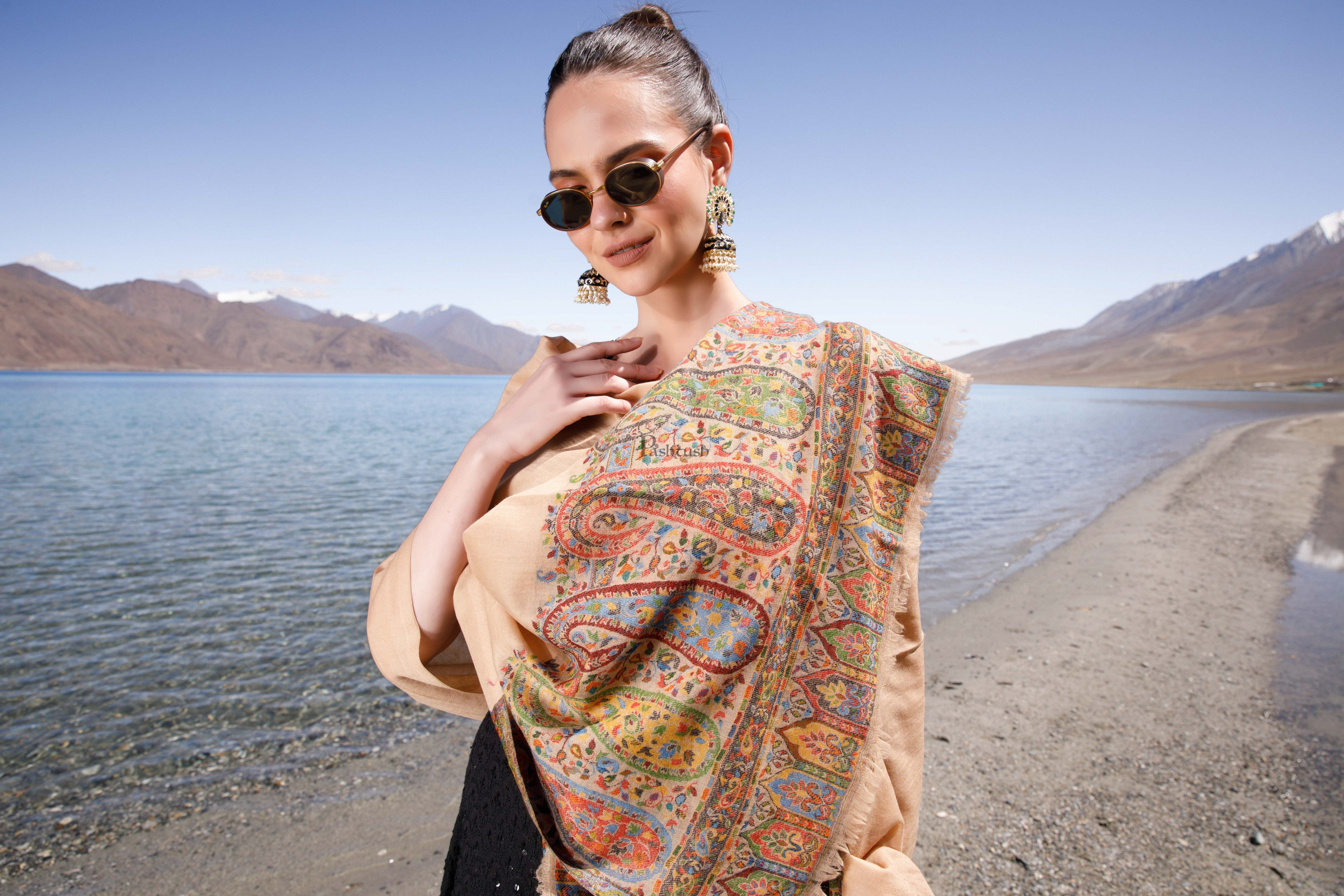 Pashtush Womens 100% Pure Wool With Woolmark Certificate Stole, Ethnic Weave Paisley Palla Design, Beige - Image 7