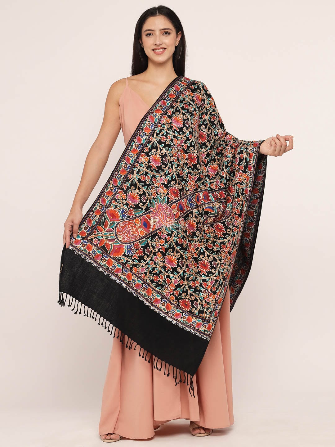 Pashtush womens 100% Pure Wool with Woolmark Certificate stole, nalki embroidery design, Black - Image 3