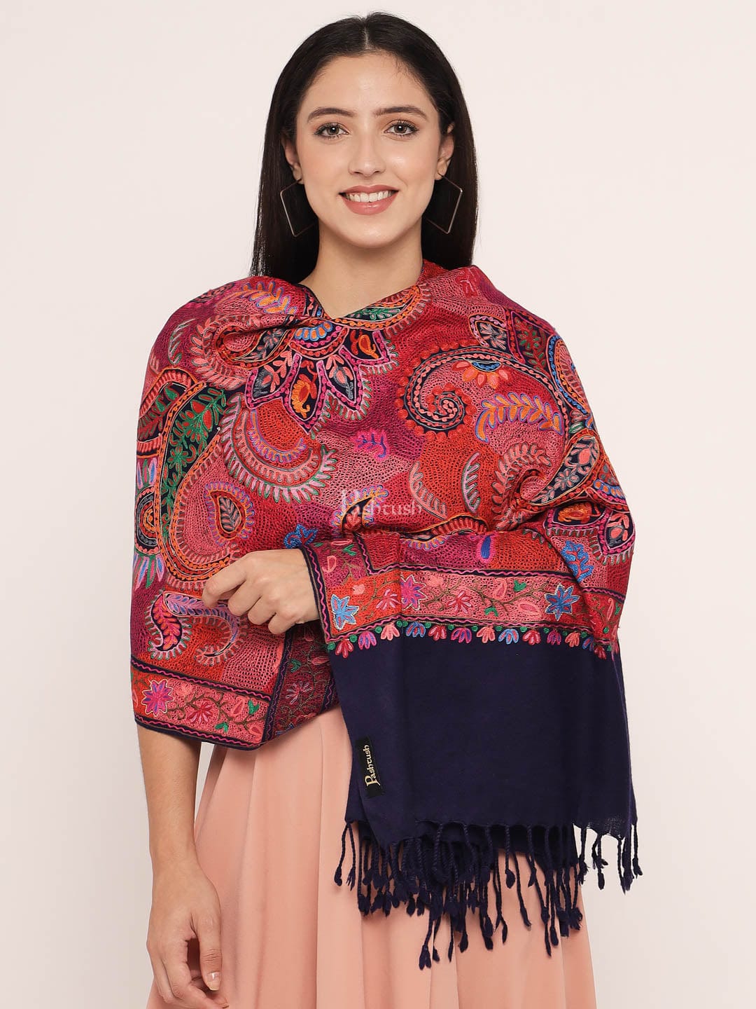 Pashtush womens 100% Pure Wool with Woolmark Certificate Stole, nalki embroidery design, Blue - Image 6