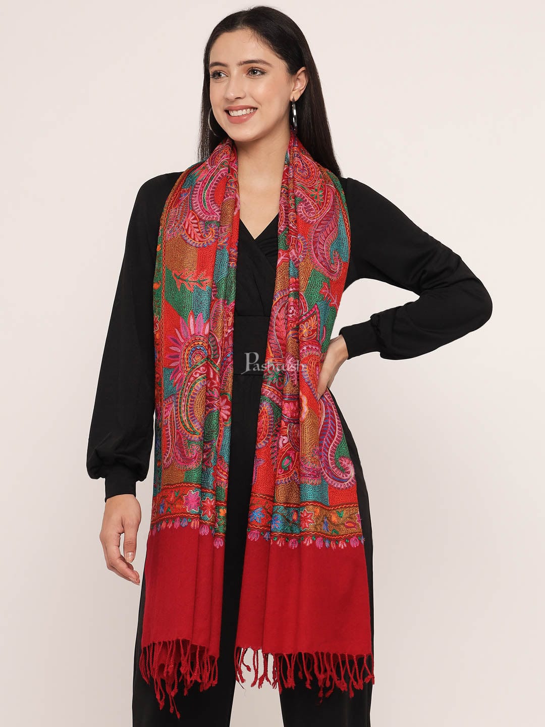 Pashtush womens 100% Pure Wool with Woolmark Certificate Stole, nalki embroidery design, Multicolour