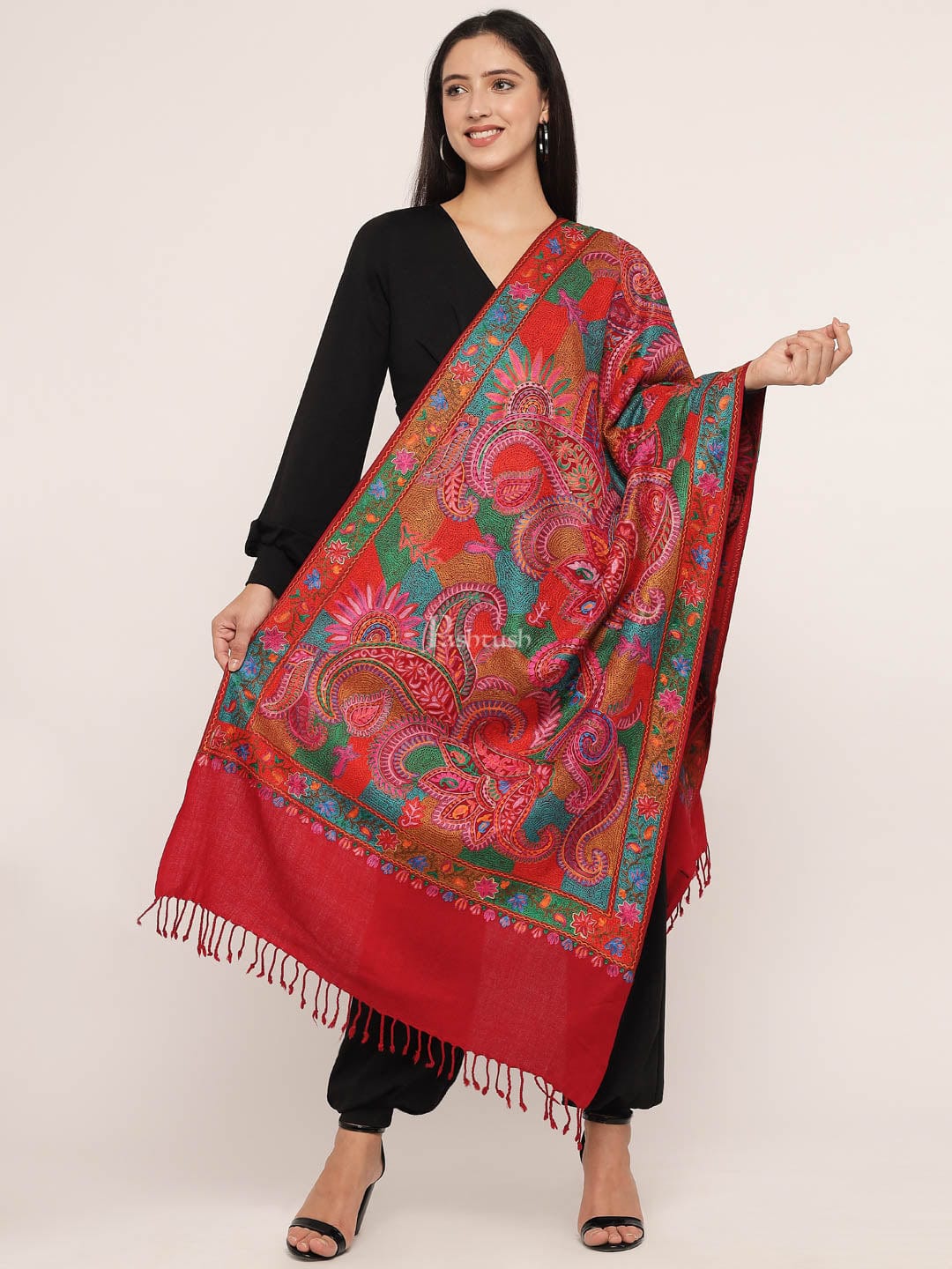 Pashtush womens 100% Pure Wool with Woolmark Certificate Stole, nalki embroidery design, Multicolour - Image 3