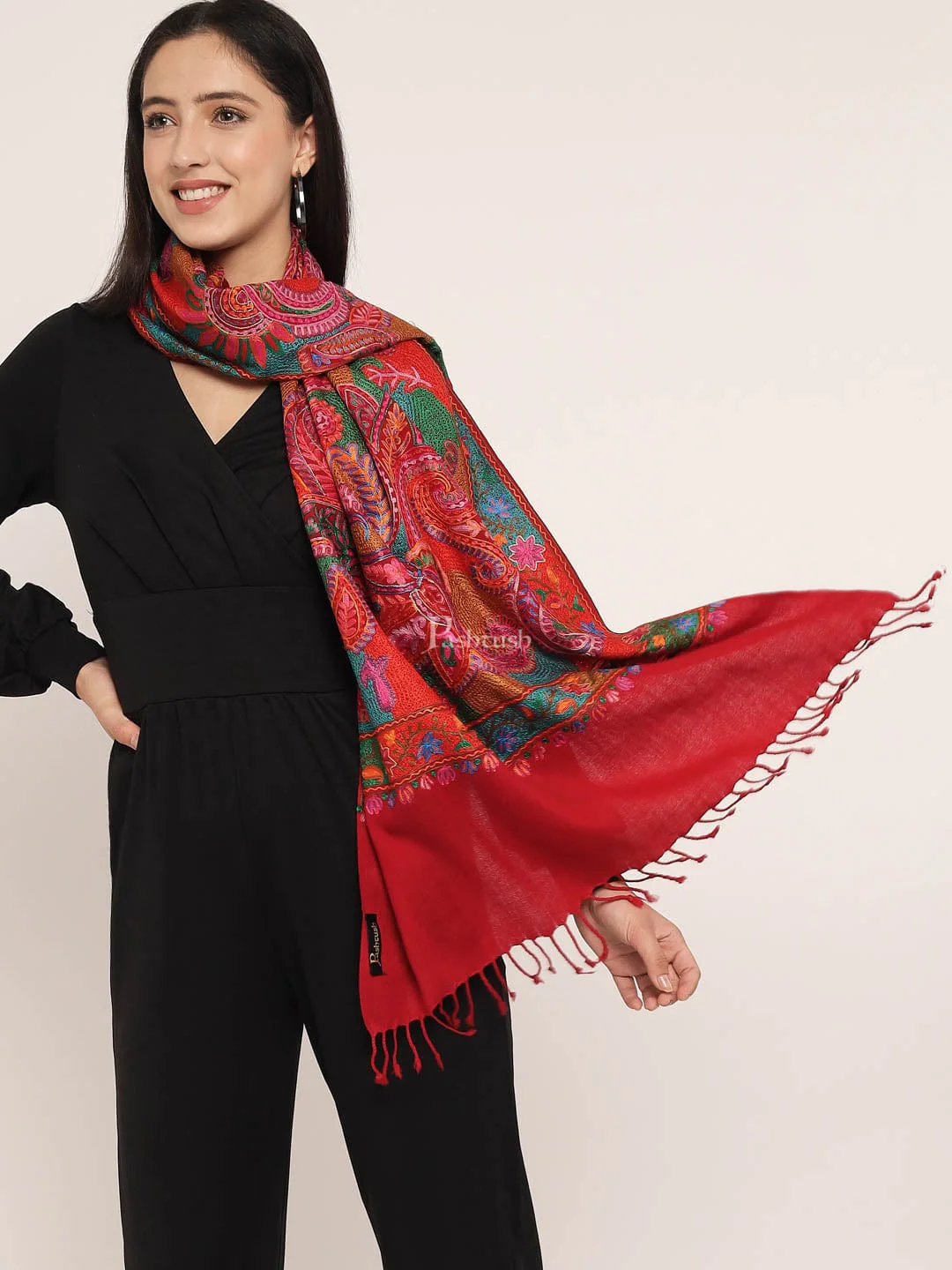 Pashtush womens 100% Pure Wool with Woolmark Certificate Stole, nalki embroidery design, Multicolour - Image 4