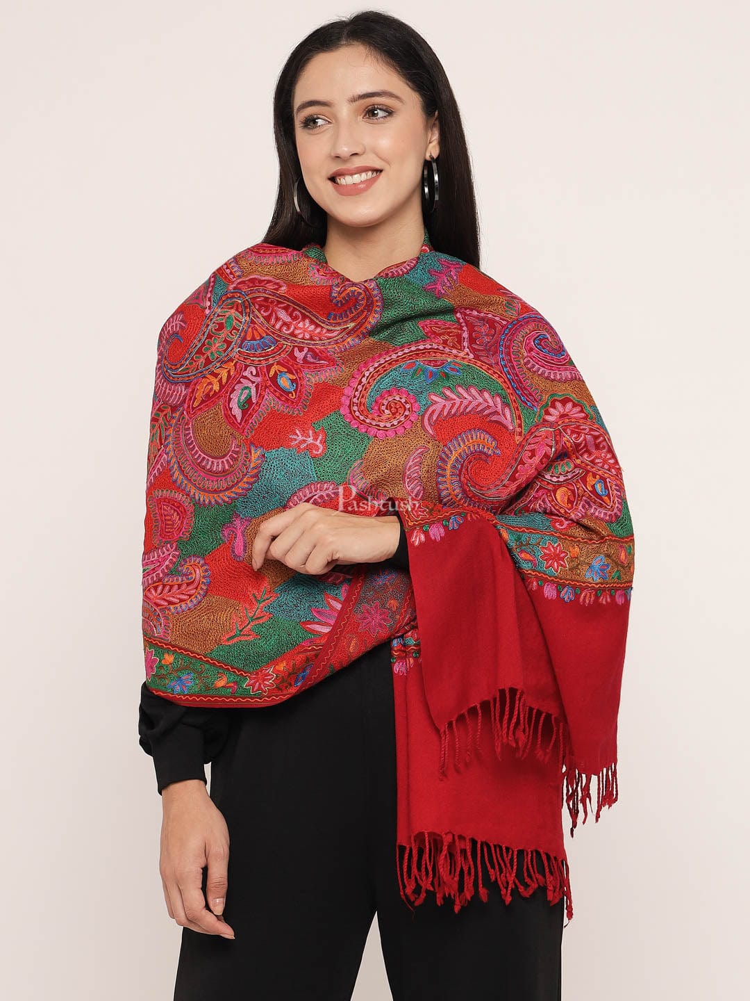 Pashtush womens 100% Pure Wool with Woolmark Certificate Stole, nalki embroidery design, Multicolour - Image 5