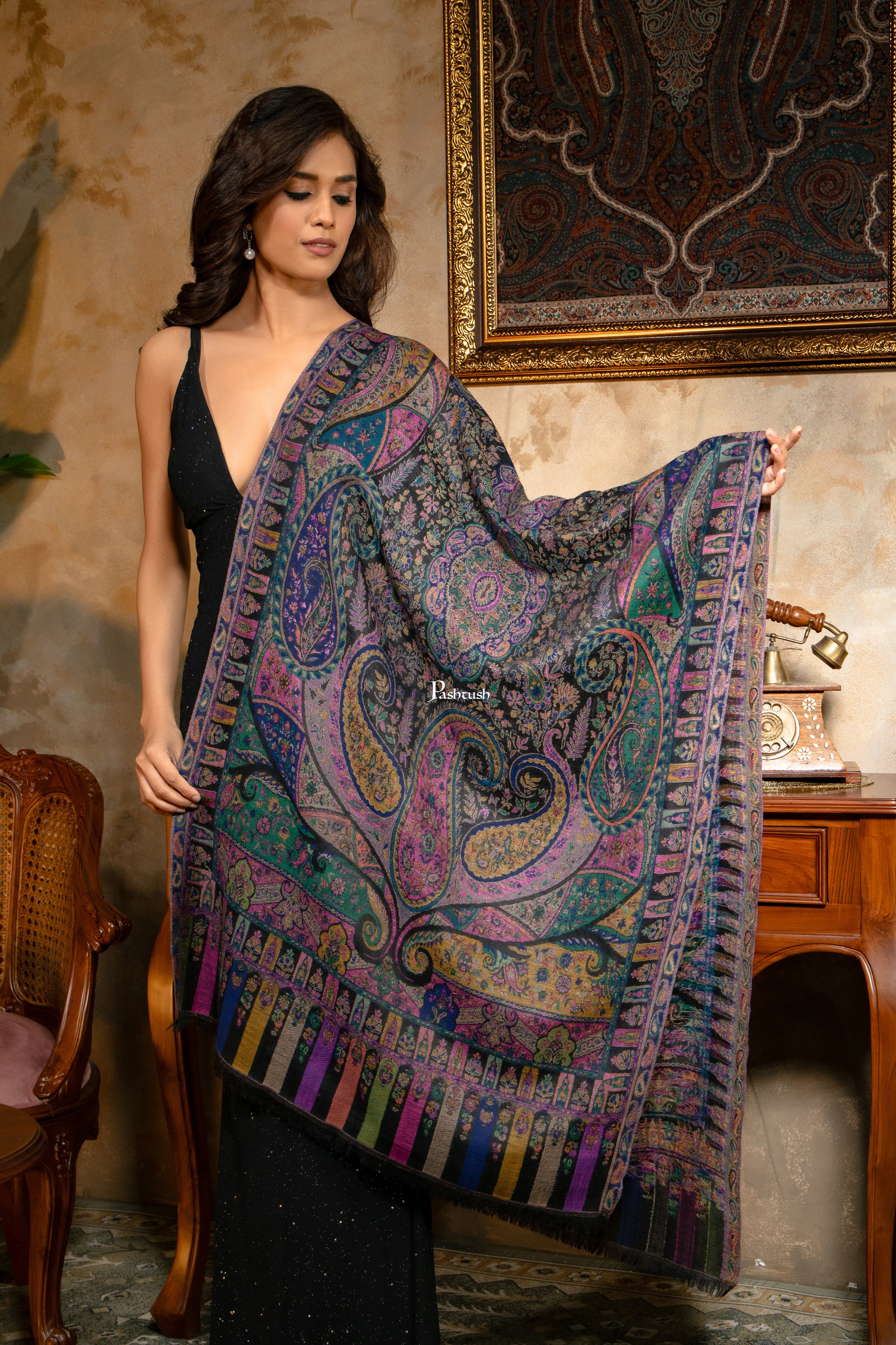 Pashtush Womens 100% Pure Wool With Woolmark Certificate Stole, Paisley Design, Black - Image 3