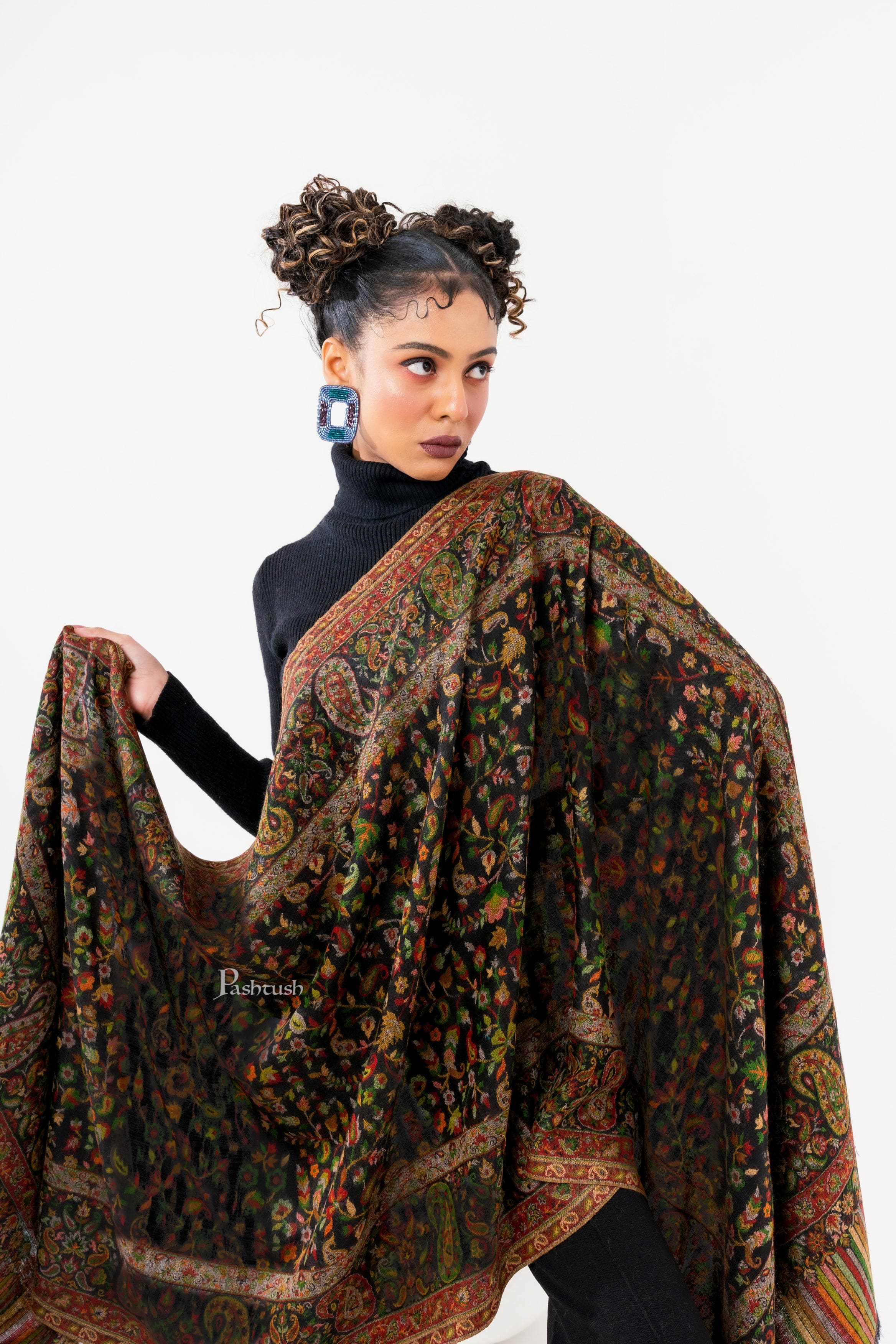 Pashtush Womens 100% Pure Wool With Woolmark Certificate Stole, Paisley Design, Black - Image 2