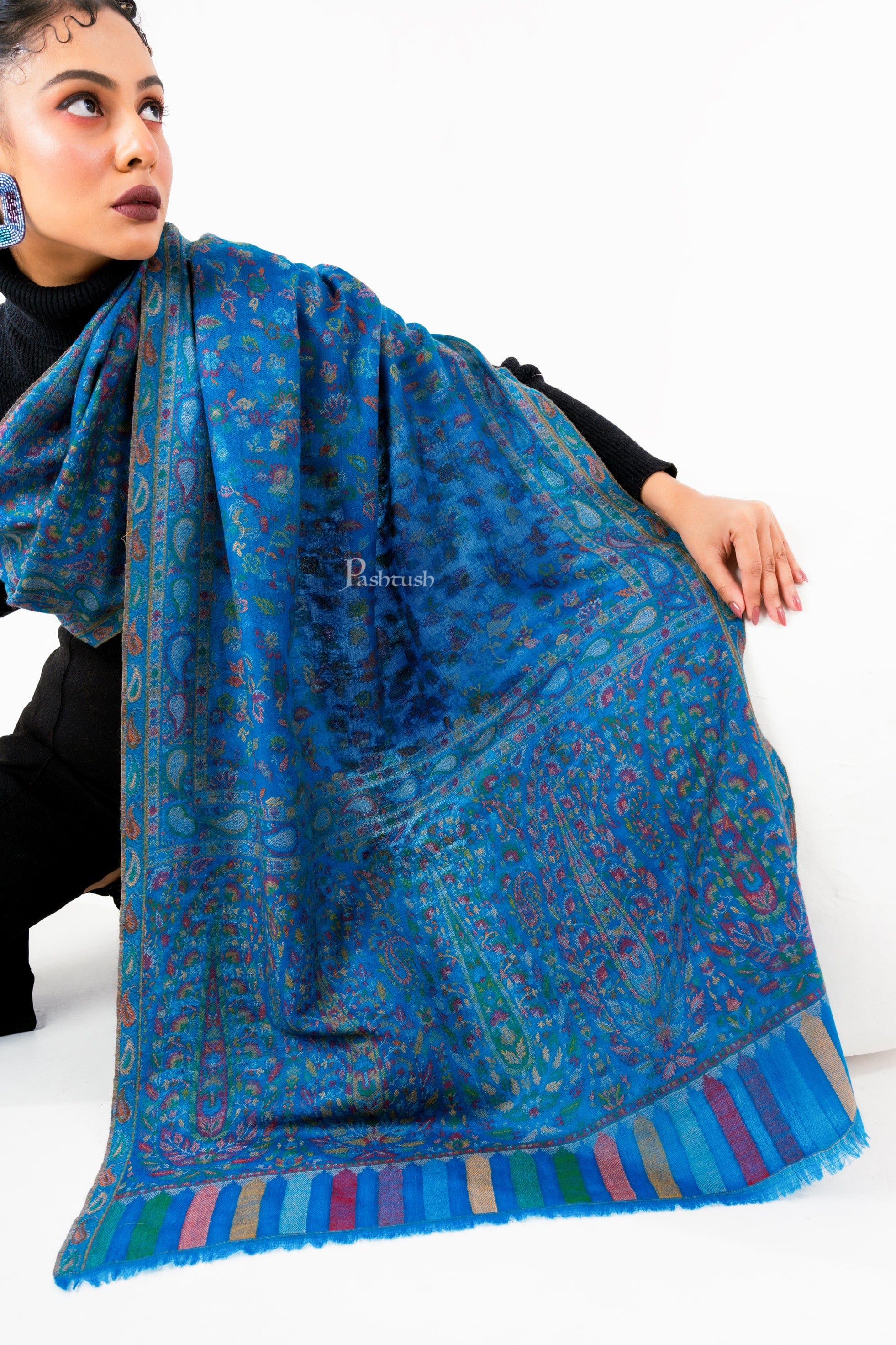 Pashtush Womens 100% Pure Wool With Woolmark Certificate Stole, Paisley Design, Blue
