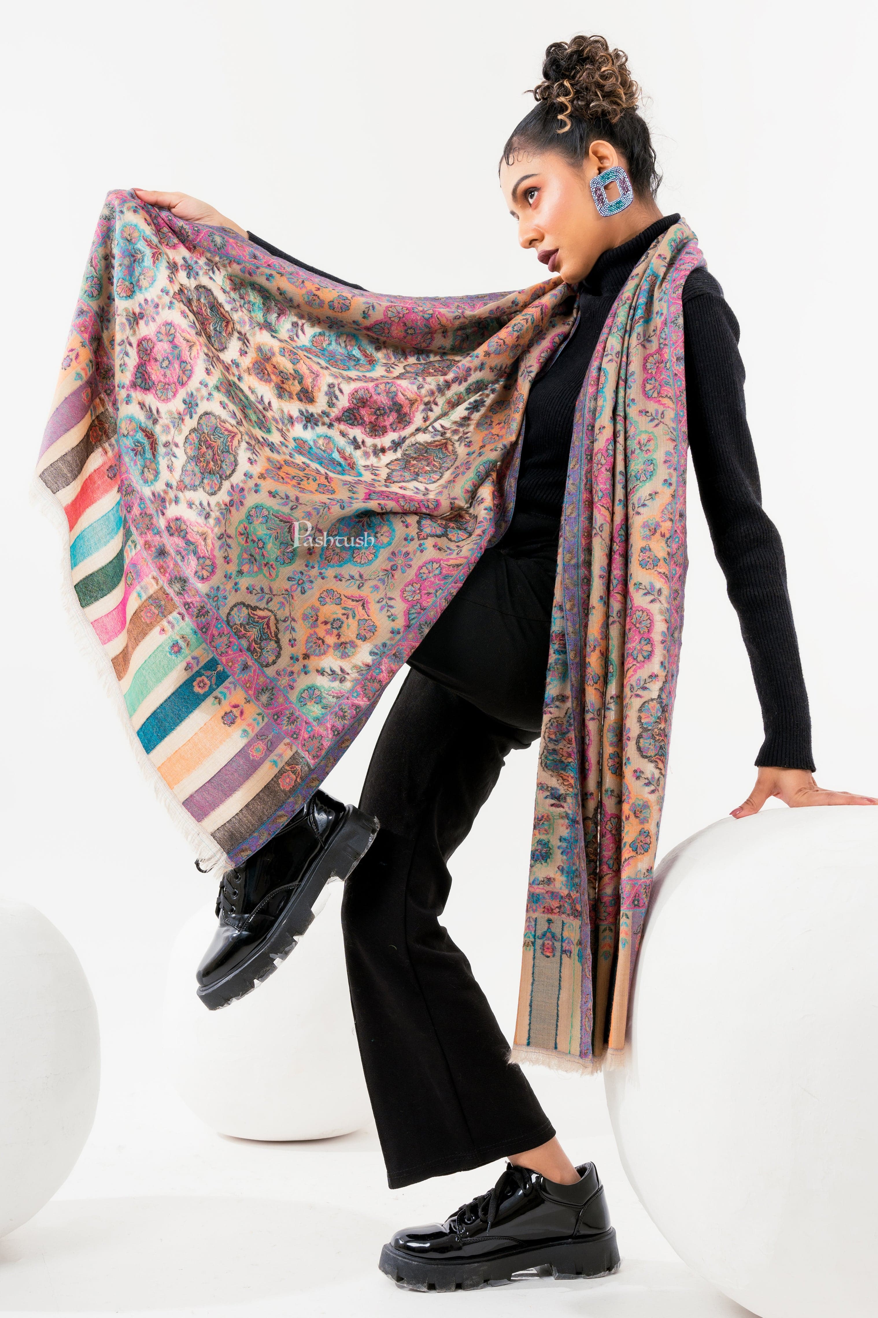 Pashtush Womens 100% Pure Wool With Woolmark Certificate Stole, Paisley Design, Multicolour
