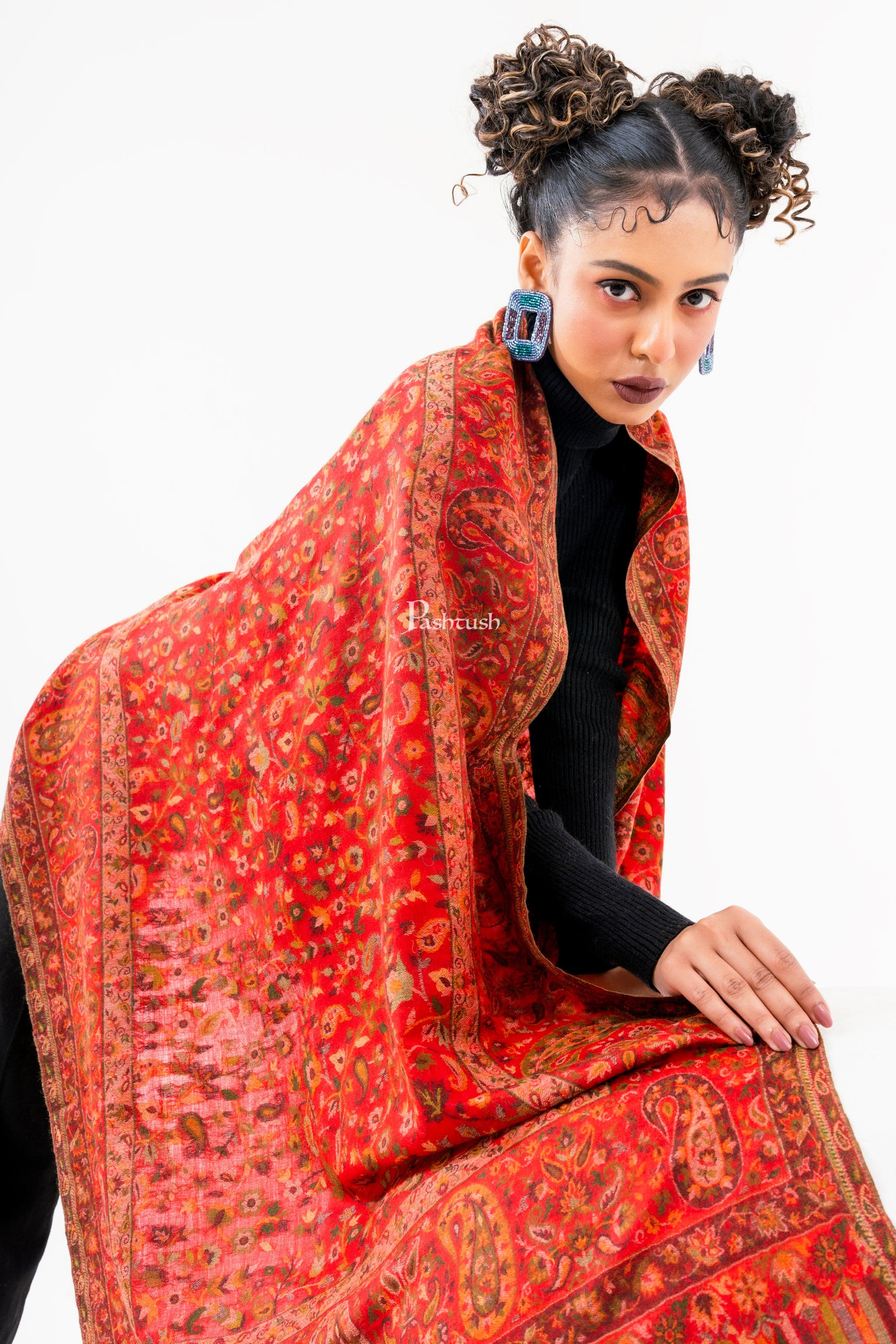 Pashtush Womens 100% Pure Wool With Woolmark Certificate Stole, Paisley Design, Red