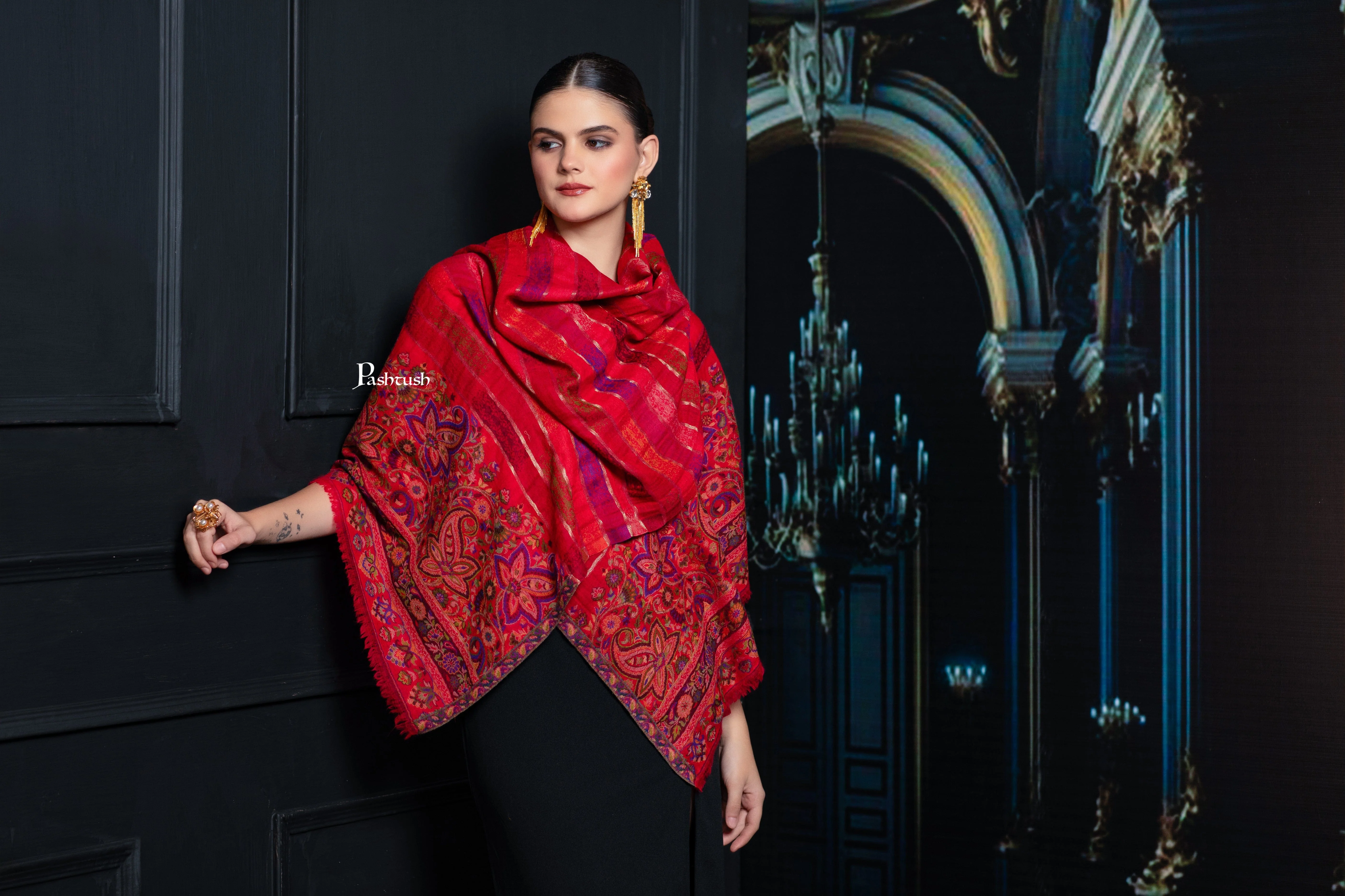 Pashtush Womens 100% Pure Wool With Woolmark Certificate Stole, Paisley Design, Scarlet Red - Image 10