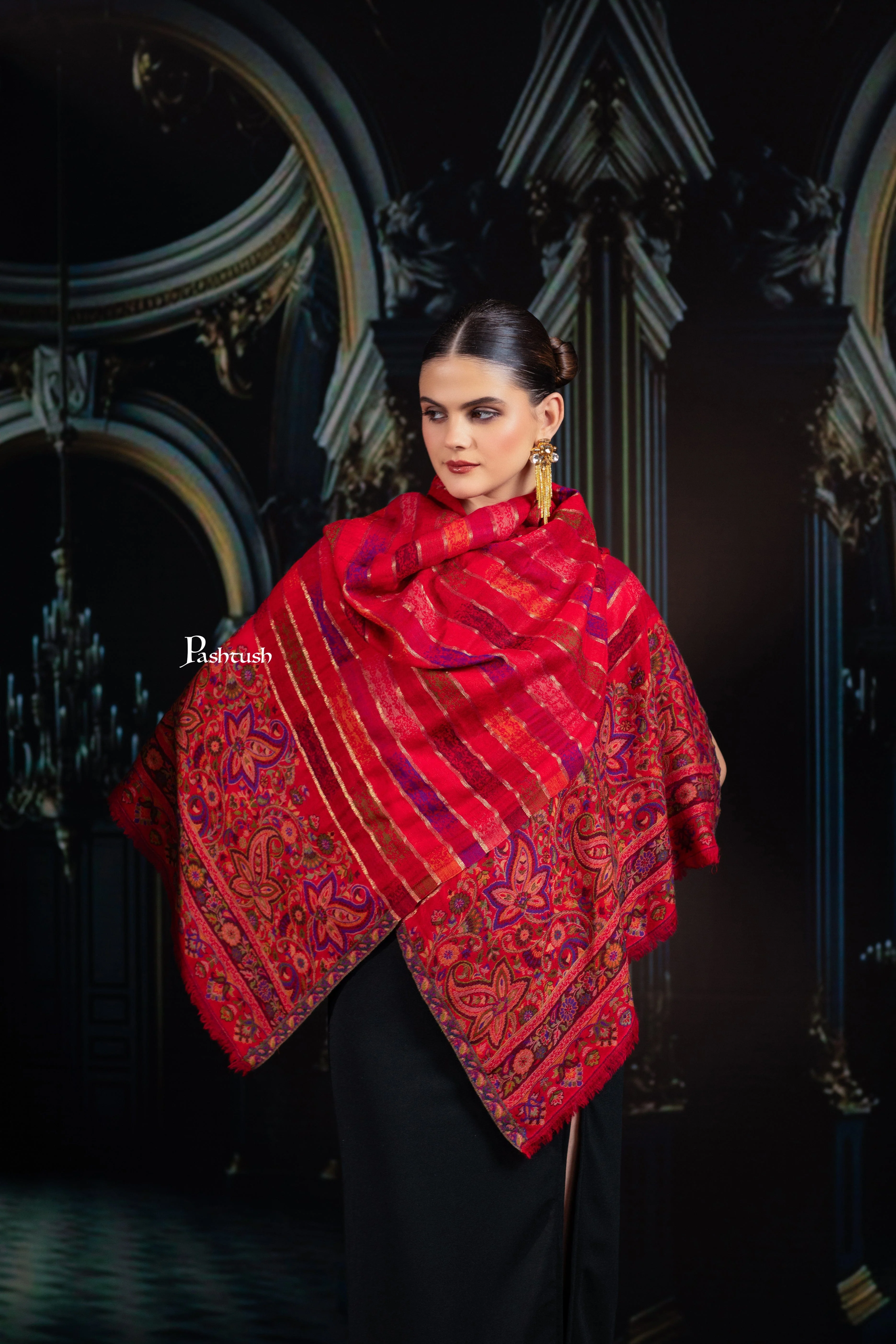Pashtush Womens 100% Pure Wool With Woolmark Certificate Stole, Paisley Design, Scarlet Red - Image 9