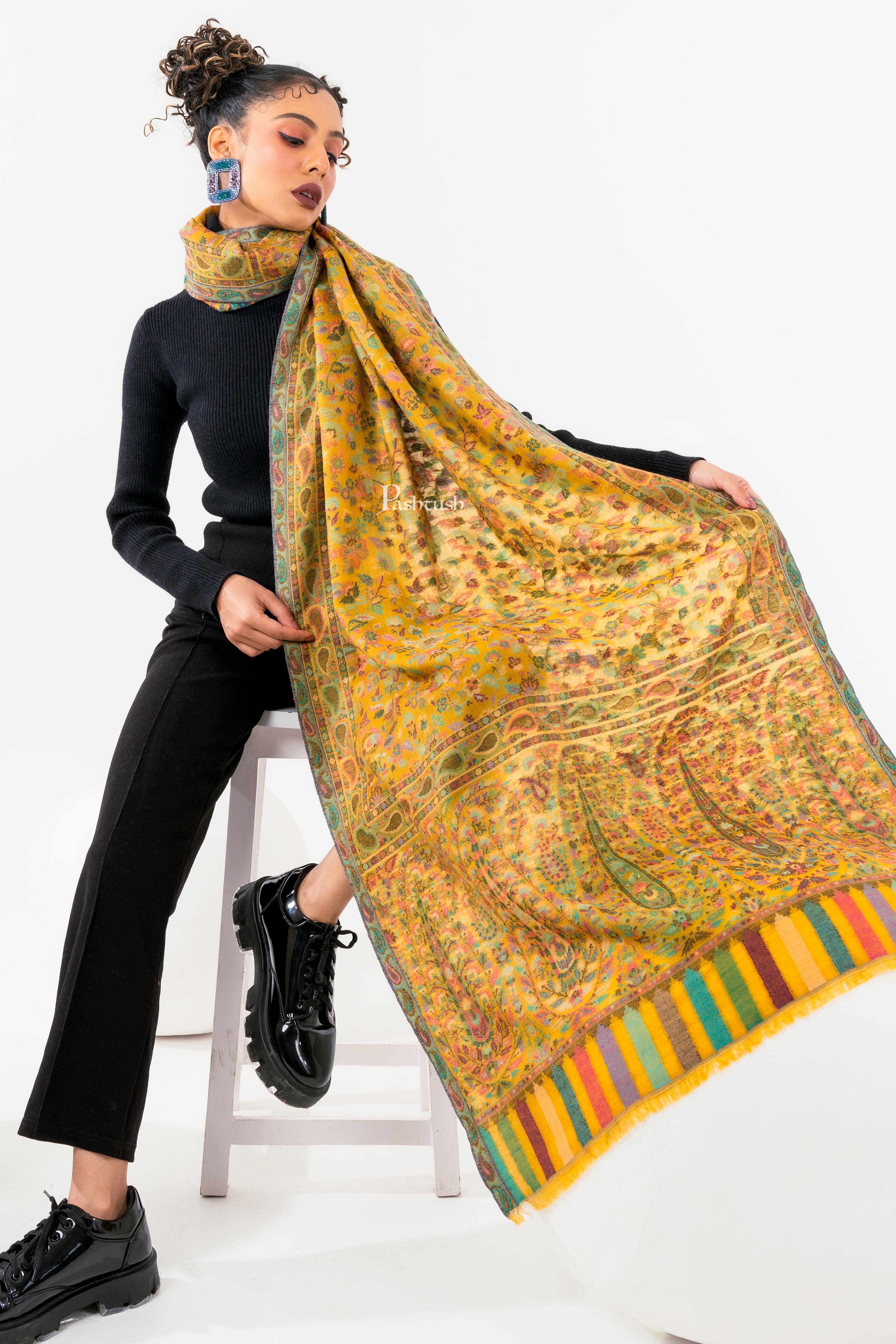 Pashtush Womens 100% Pure Wool With Woolmark Certificate Stole, Paisley Weave Design, Mustard - Image 2