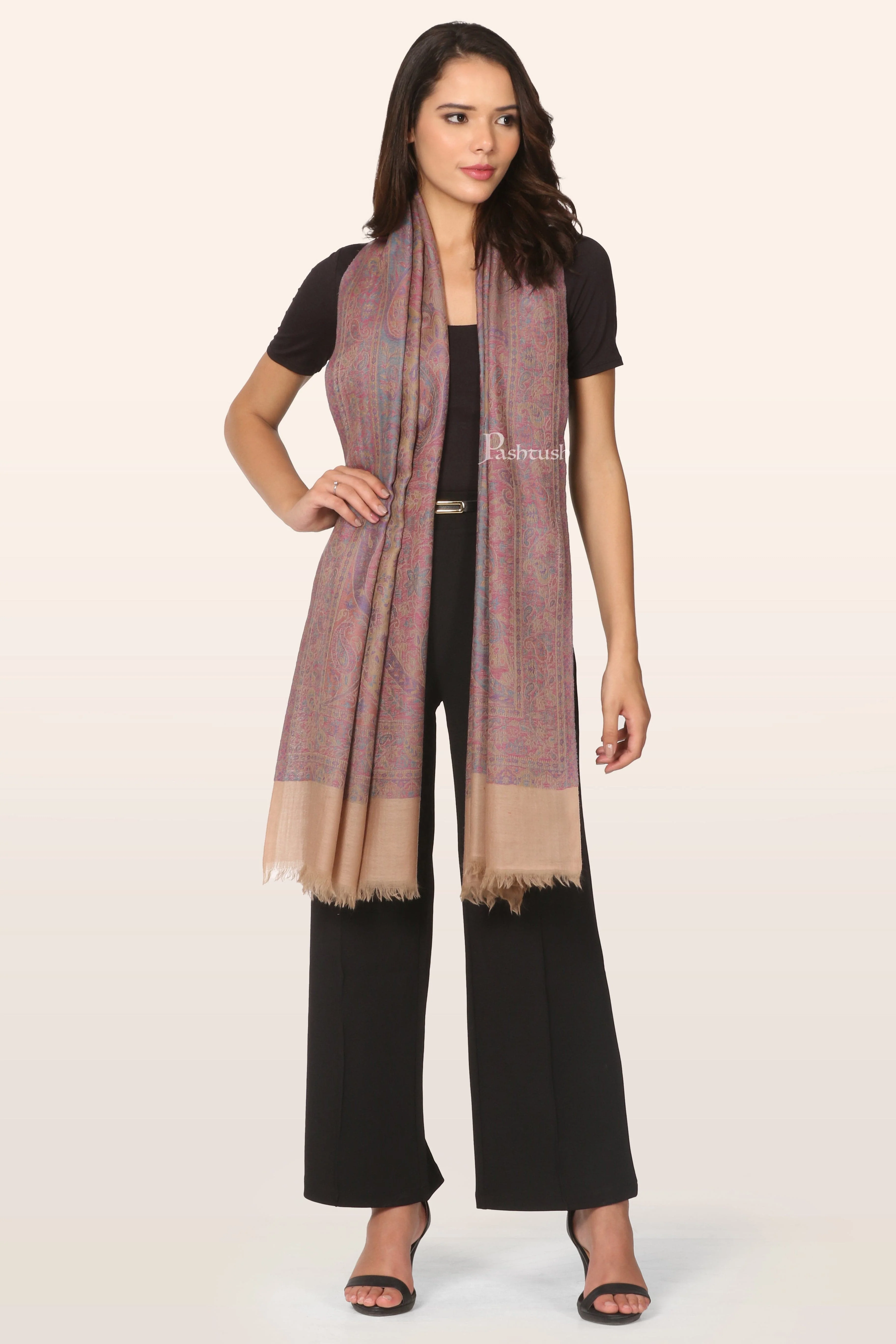 Pashtush Womens 100% Pure Wool With Woolmark Certificate Stole, Pasiley Weave' Design, Multicolour - Image 3