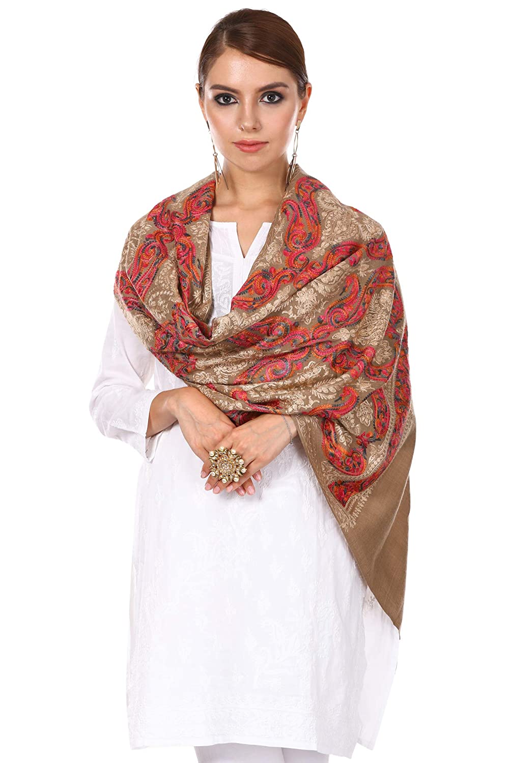 Pashtush Women'S Nalki Woollen Embroidery Stole,Taupe - Image 5